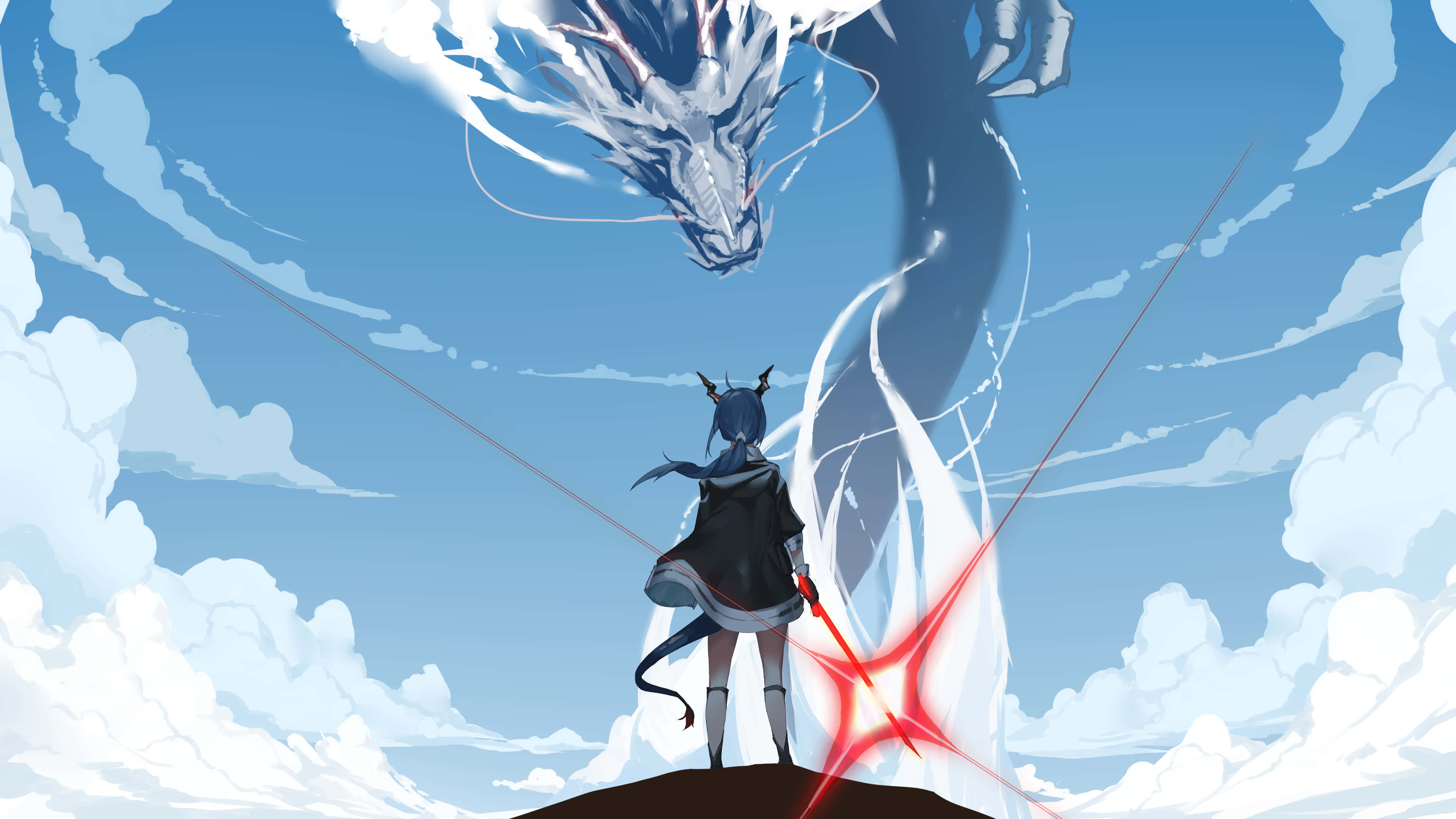 Arknights 4K, anime girl with horns, glowing red sword, 4K Desktop Wallpaper