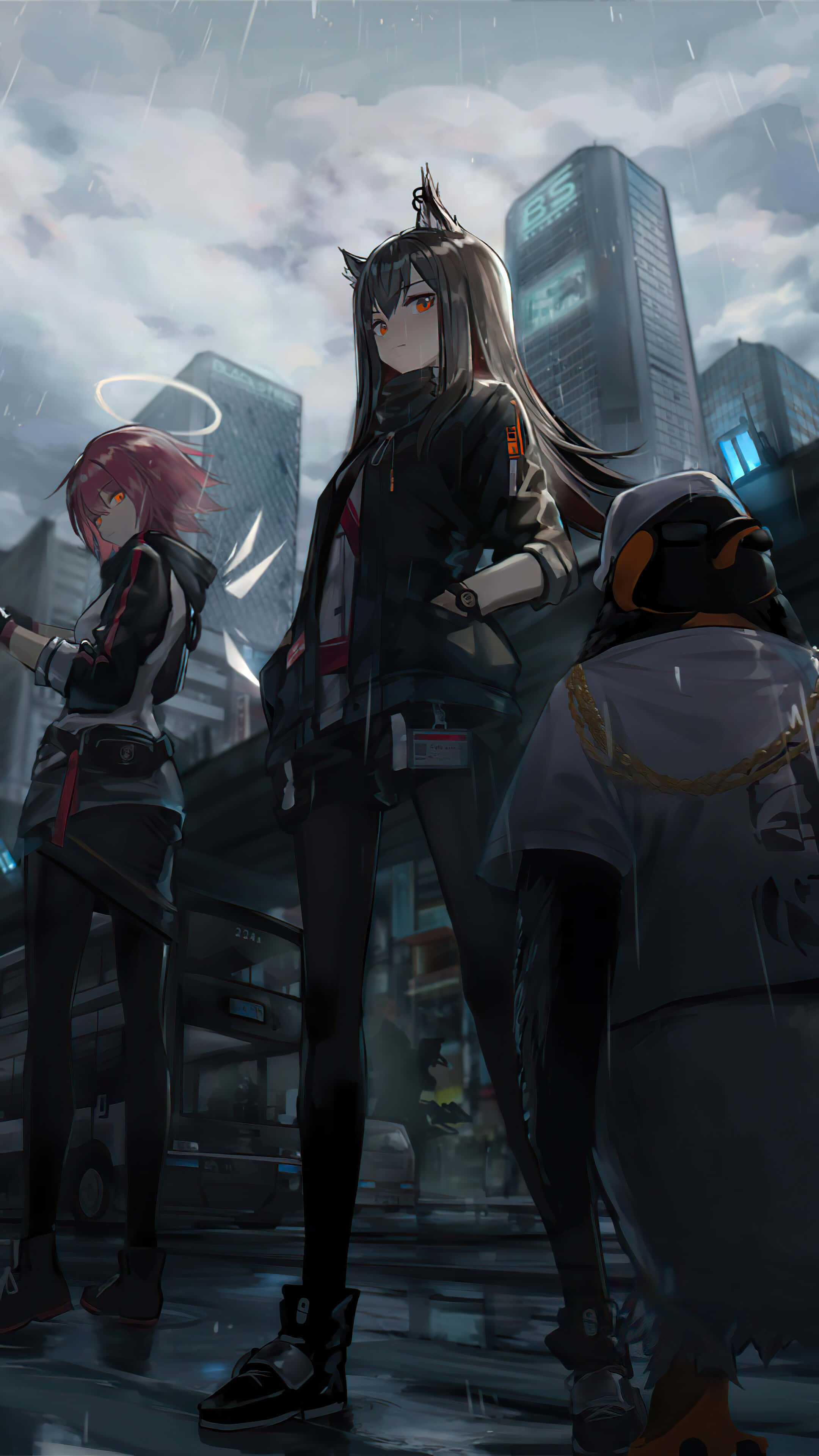 Arknights, anime characters, rainy futuristic cityscape, 4K Phone Wallpaper