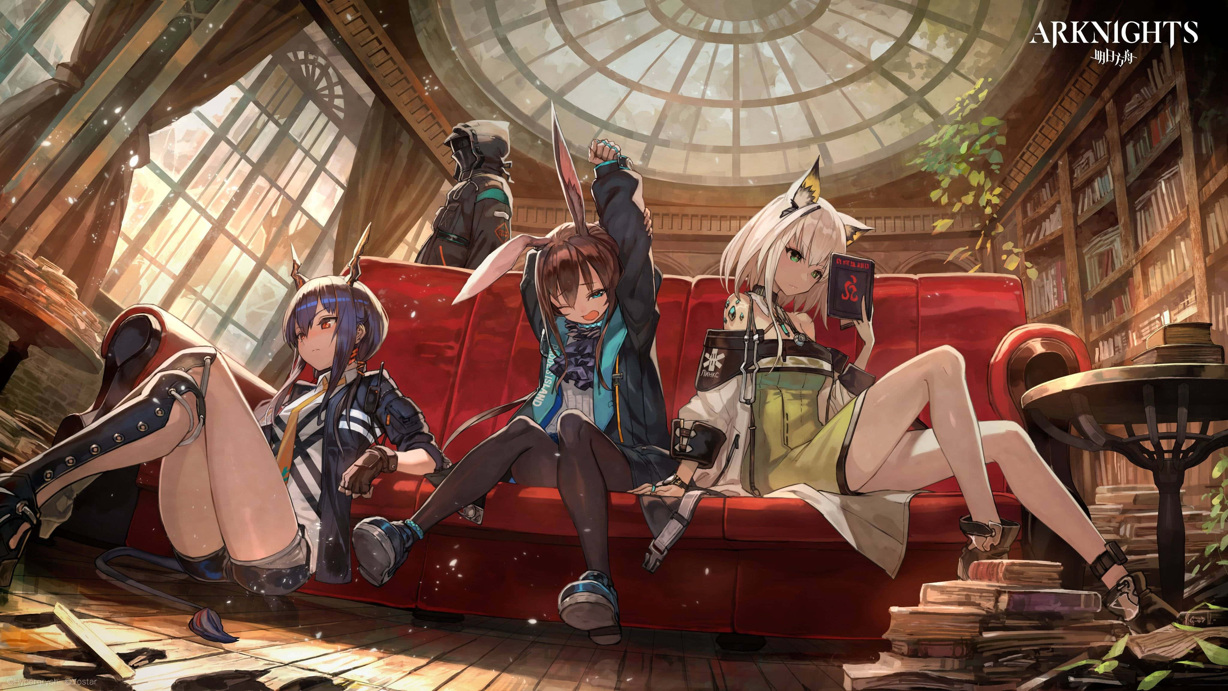 Arknights, red couch, sunlit library, 4K Desktop Wallpaper