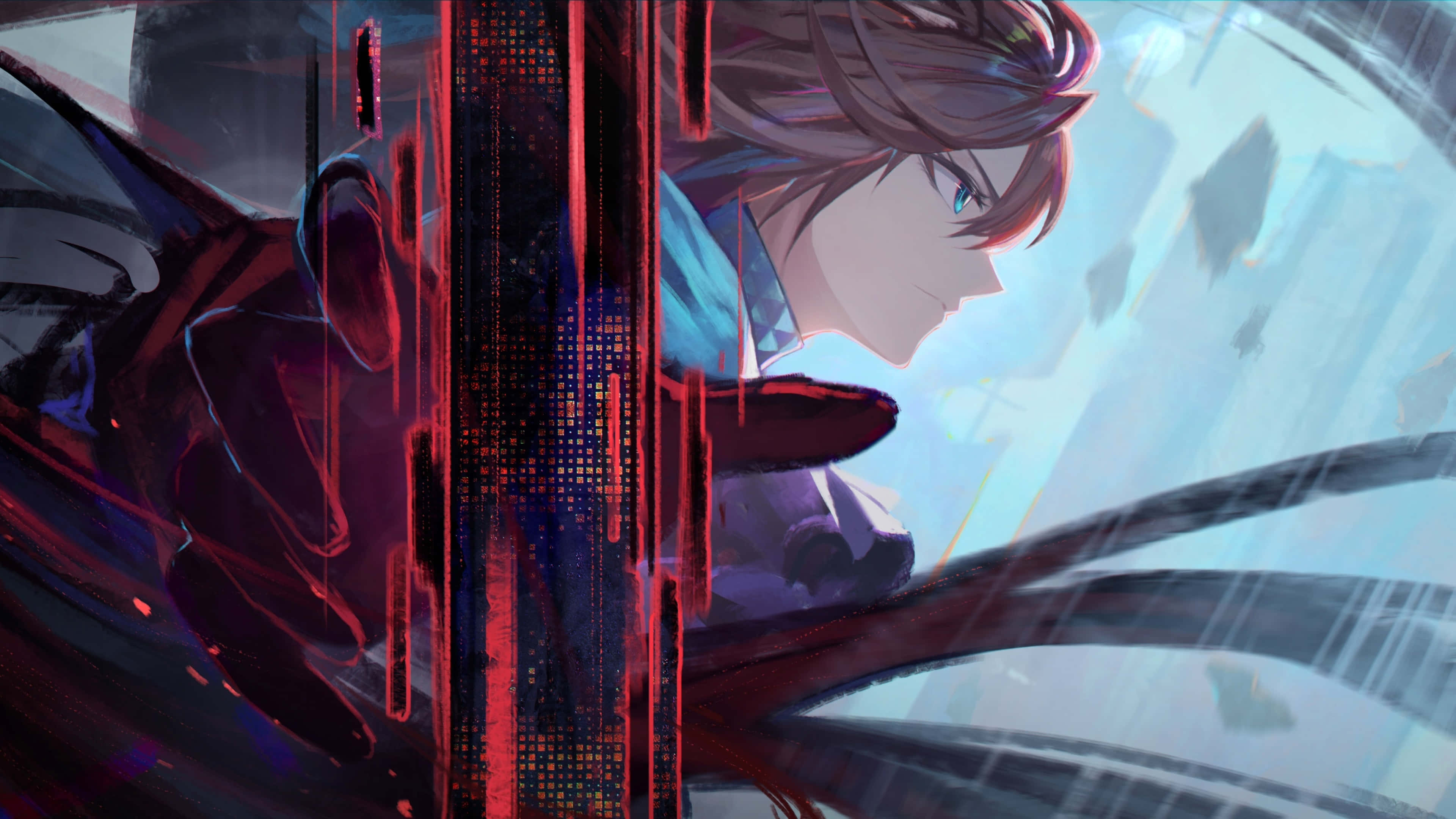 Arknights 4K, neon-lit cityscape, red and blue lights, 4K Desktop Wallpaper