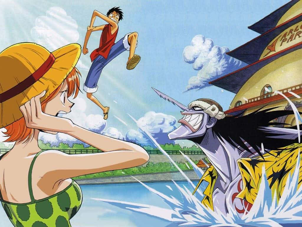 Arlong Park, shark-like villain, boy leaping, SD Desktop Wallpaper