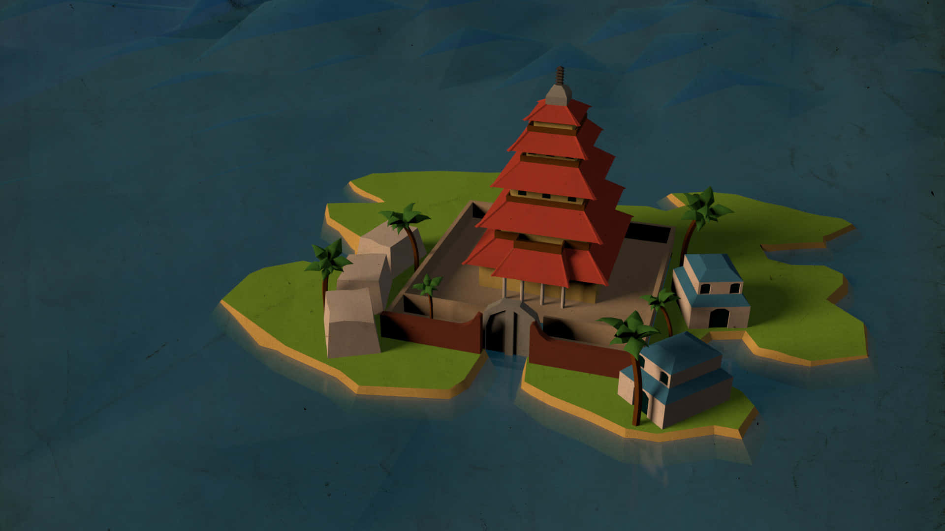 Arlong Park, low-poly island, red-roofed temple, Full HD Desktop Wallpaper