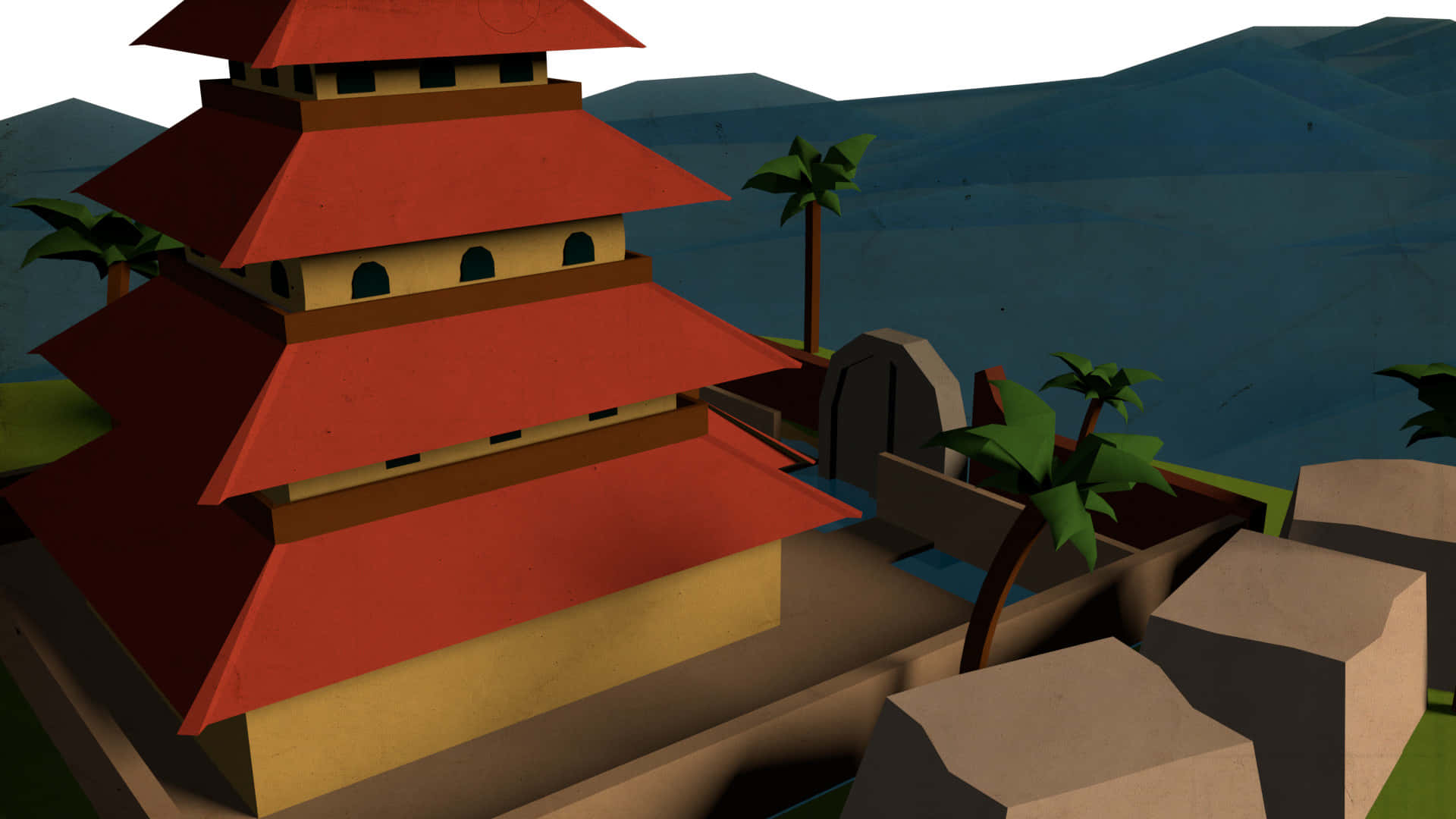 Arlong Park, red-roofed pagoda, palm trees, Full HD Desktop Wallpaper
