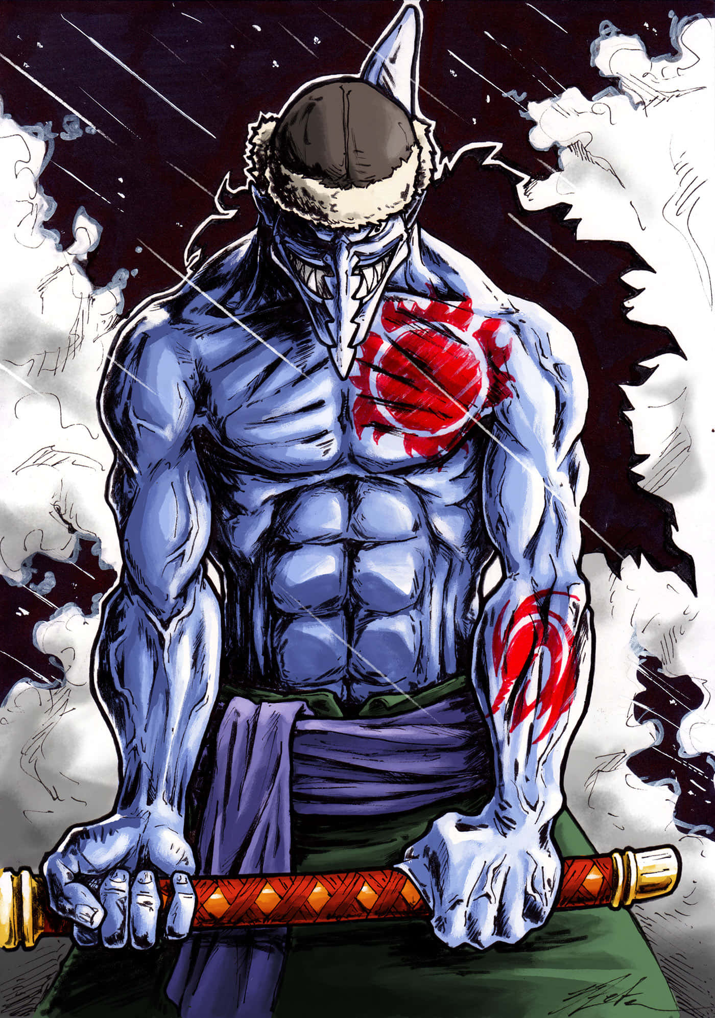 Arlong Park, blue-skinned warrior, wolf-like mask, Full HD Phone Wallpaper