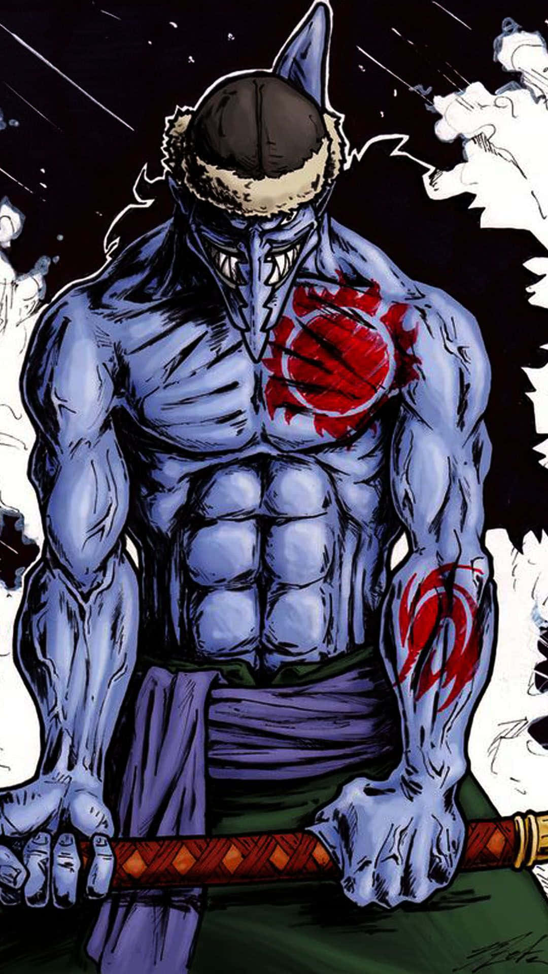 Arlong Park, blue-skinned anime warrior, wolf-like mask, Full HD Phone Wallpaper