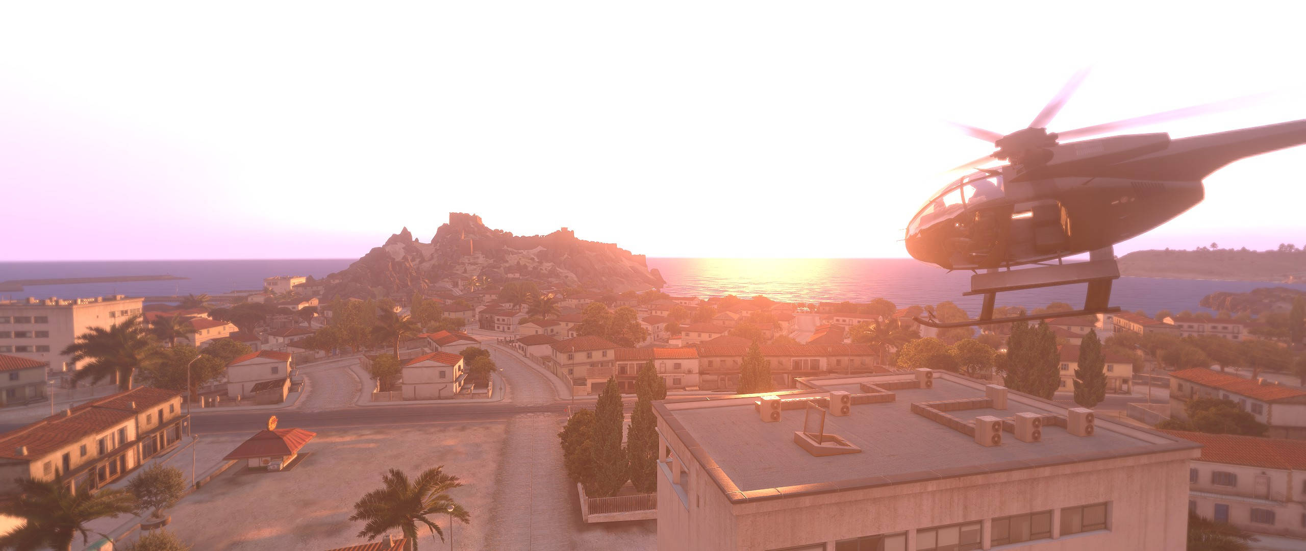 Arma 3, helicopter, coastal town, 2K Desktop Wallpaper