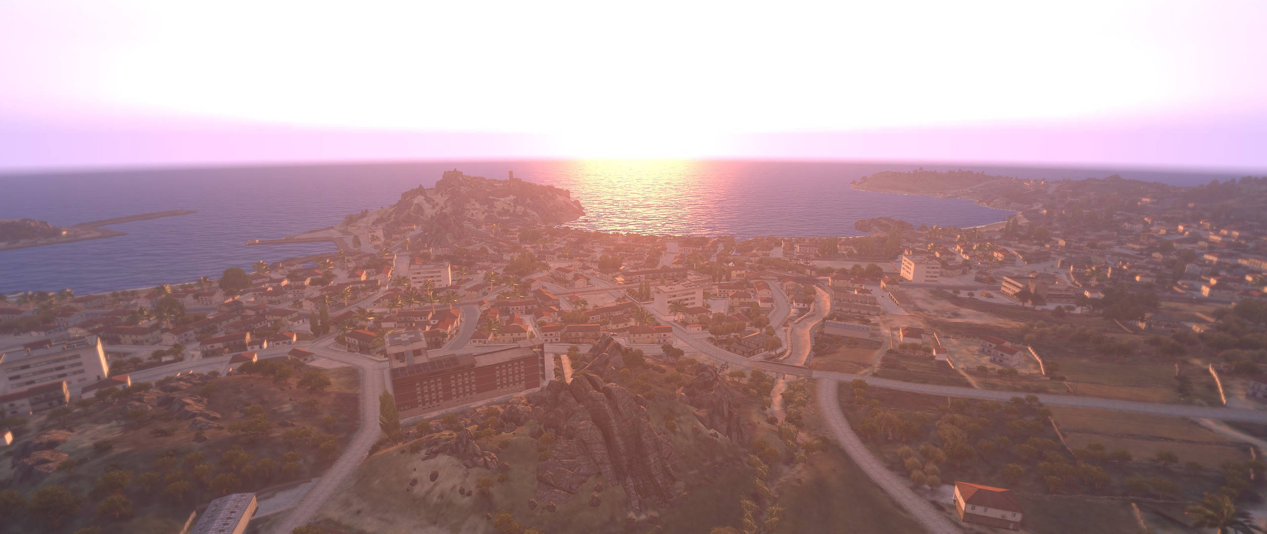 Arma 3, coastal town, sunset, 2K Desktop Wallpaper