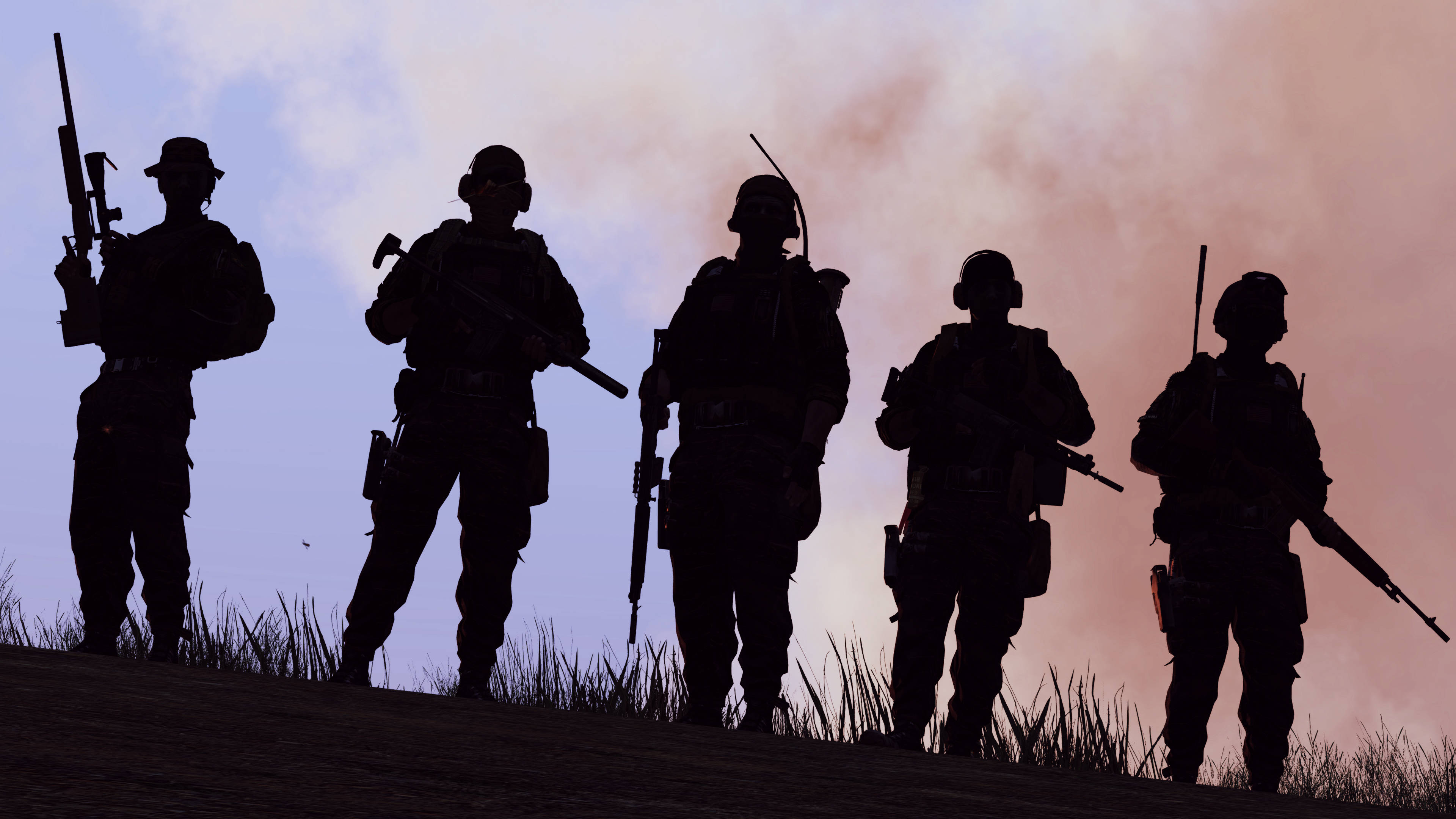 Arma 3, soldiers silhouette, grassy hill, 4K Desktop Wallpaper