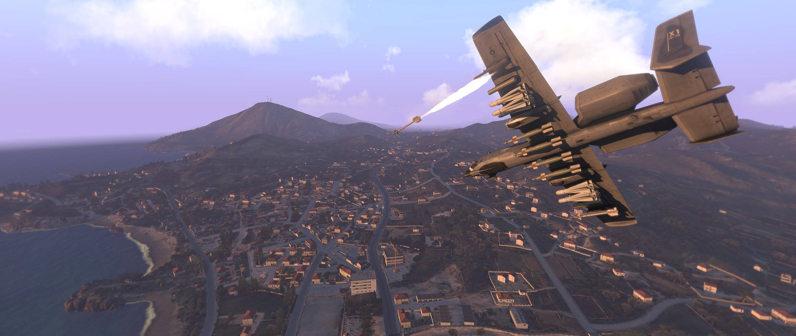 Arma 3, bomber plane, coastal town, 2K Desktop Wallpaper