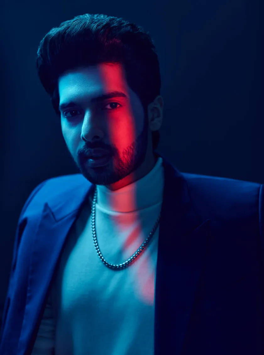 Armaan Malik, beard, blue and red neon lighting, SD Phone Wallpaper
