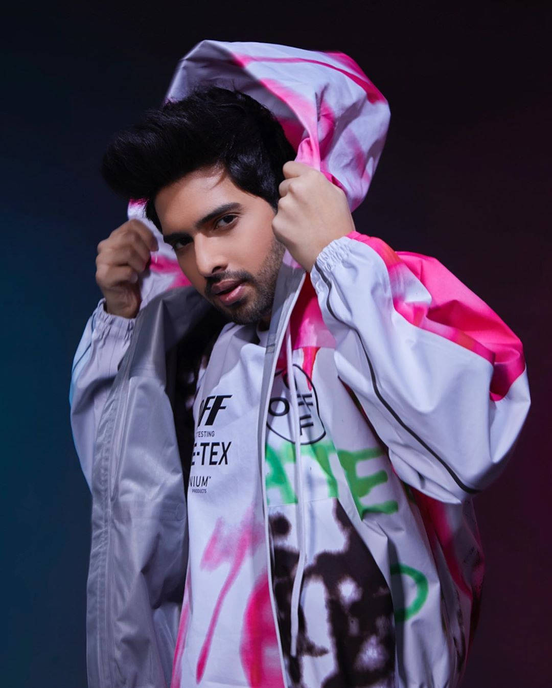 Armaan Malik, vibrant pink and white graffiti jacket, styled hair, HD Phone Wallpaper