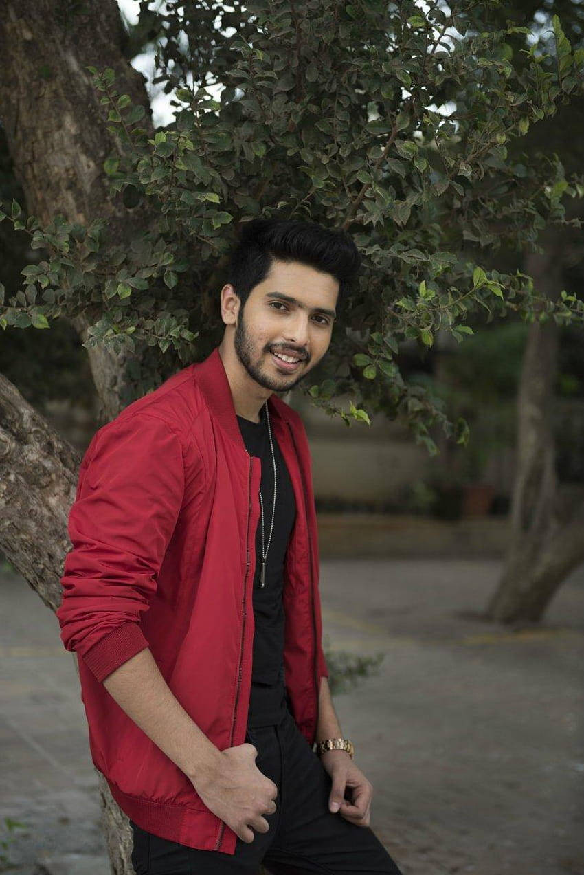 Armaan Malik, red bomber jacket, tree, SD Phone Wallpaper