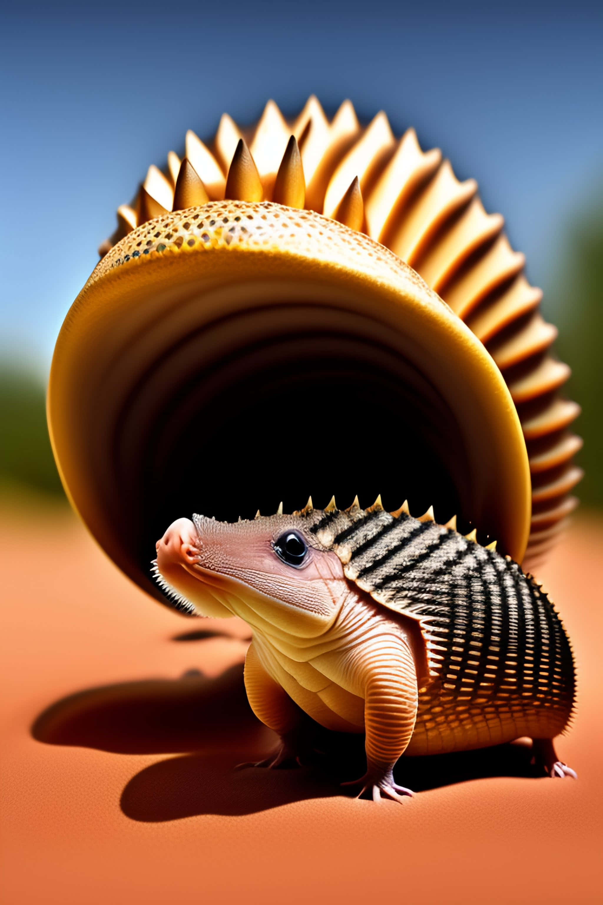 Armadillo, golden seashell, desert, 2K Phone Wallpaper