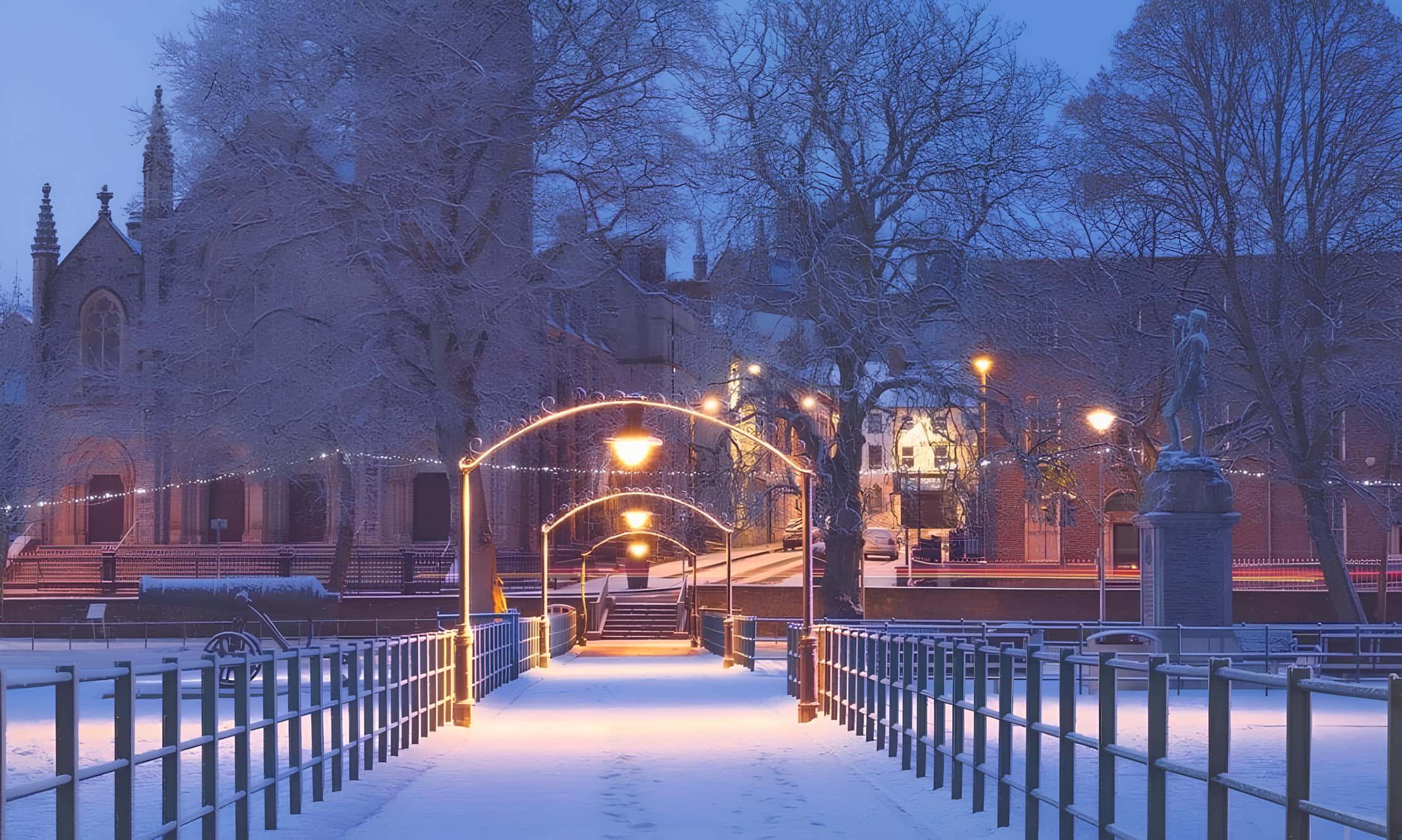 Armagh, winter evening lights, snow-covered pedestrian bridge, Full HD Desktop Wallpaper