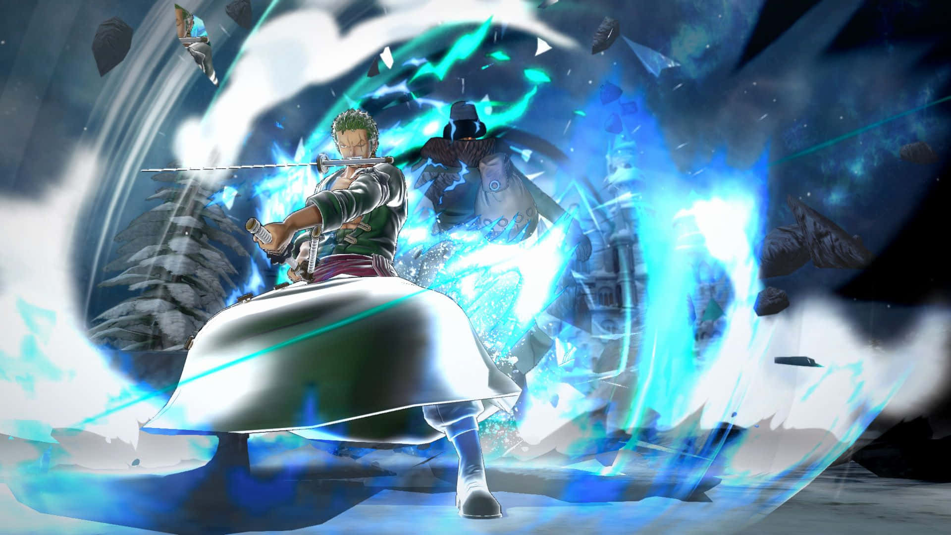 Armament Haki, glowing blue energy attack, shattered debris, Full HD Desktop Wallpaper