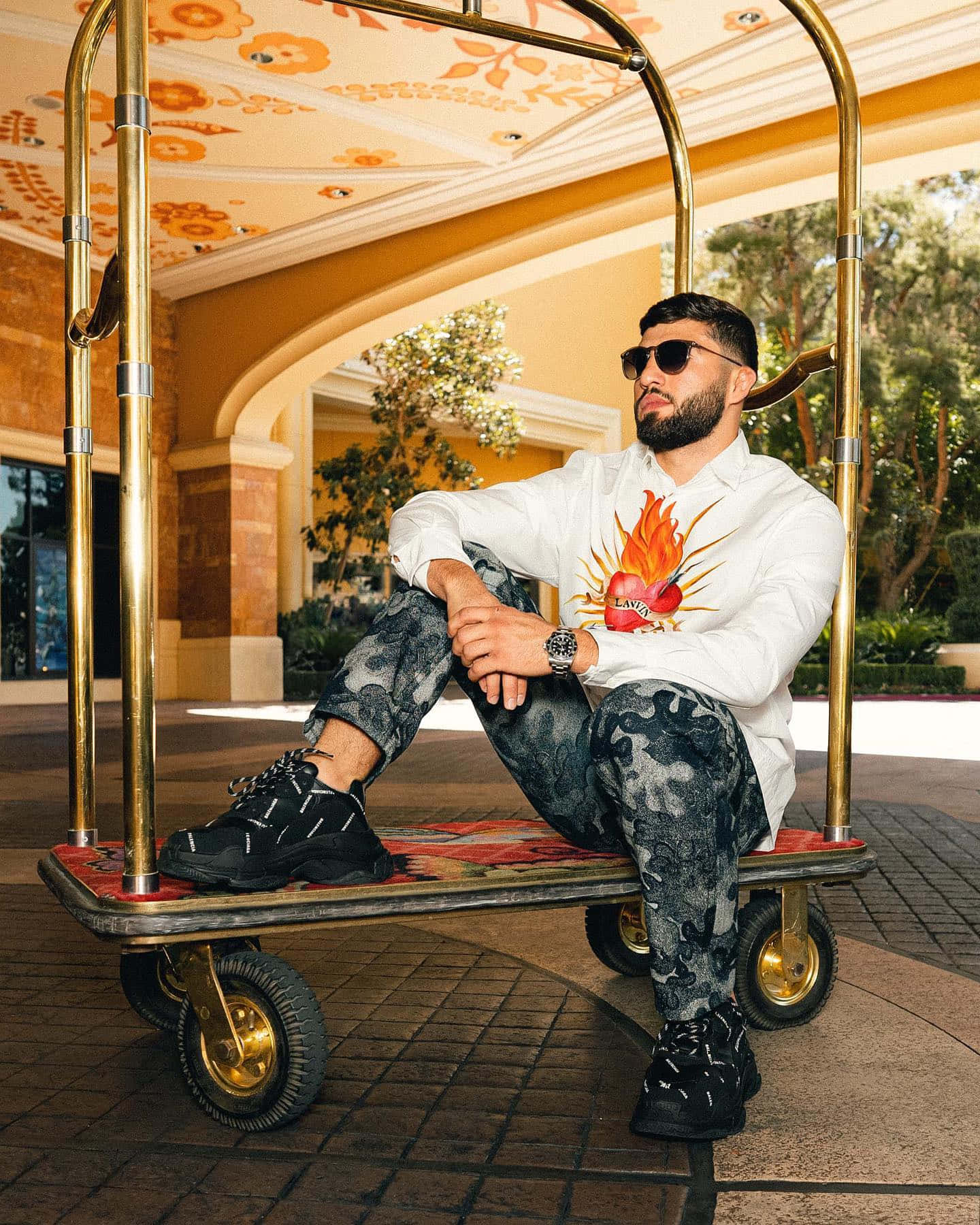 Arman Tsarukyan, vintage hotel luggage cart, floral ceiling, HD Phone Wallpaper