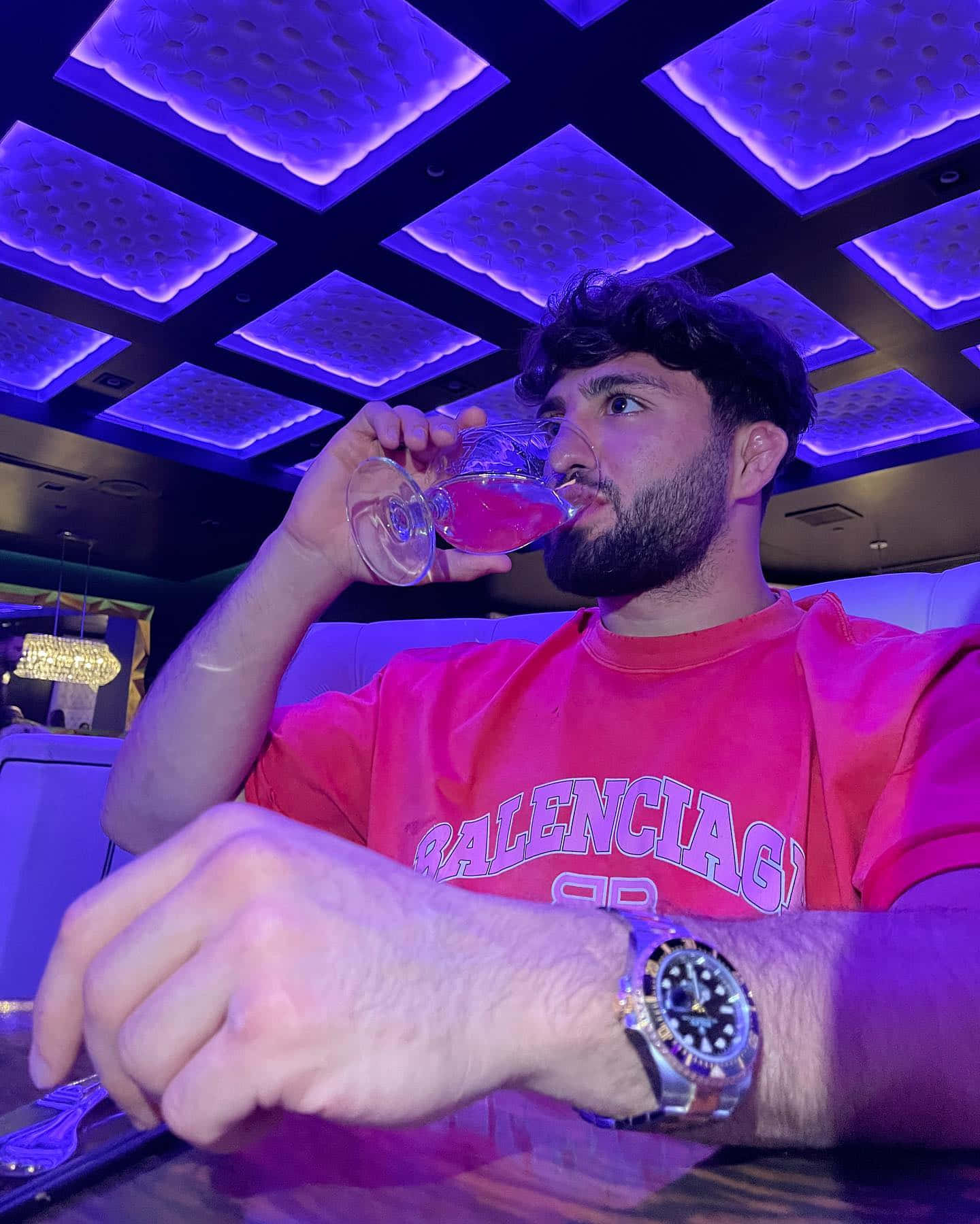 Arman Tsarukyan, pink drink, glowing purple ceiling panels, HD Phone Wallpaper