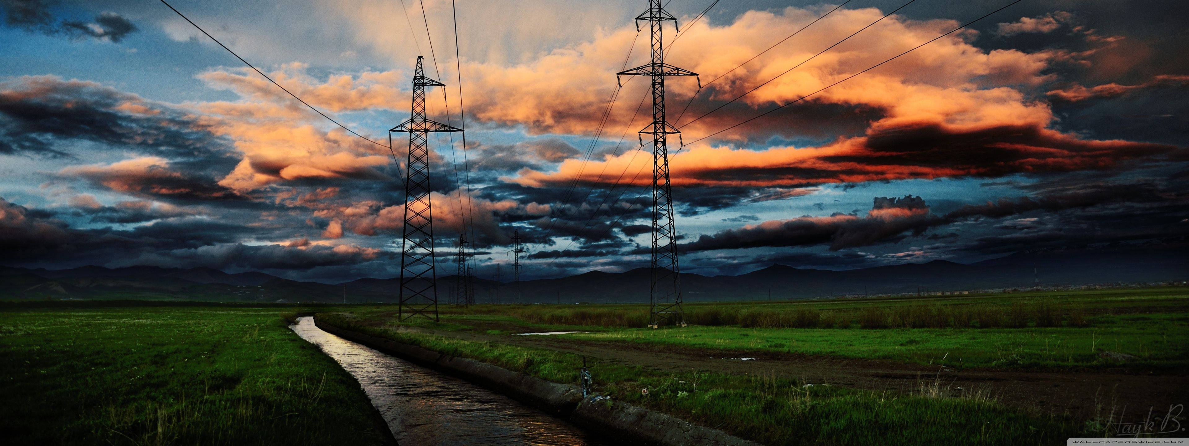 Armenia, electrical towers, winding irrigation canal, 4K Desktop Wallpaper