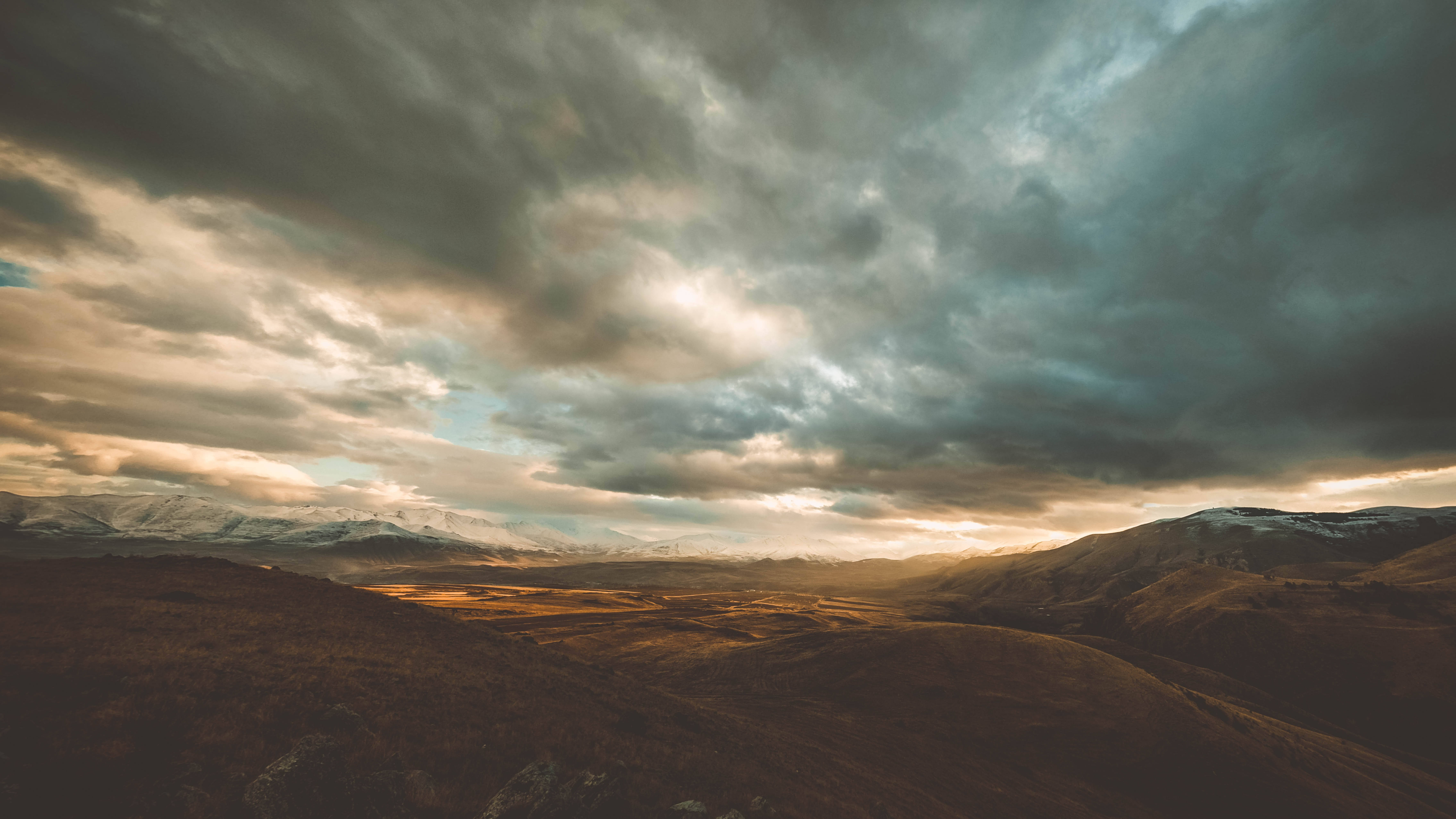 Armenia, snow-capped mountains, rolling brown hills, 5K Desktop Wallpaper