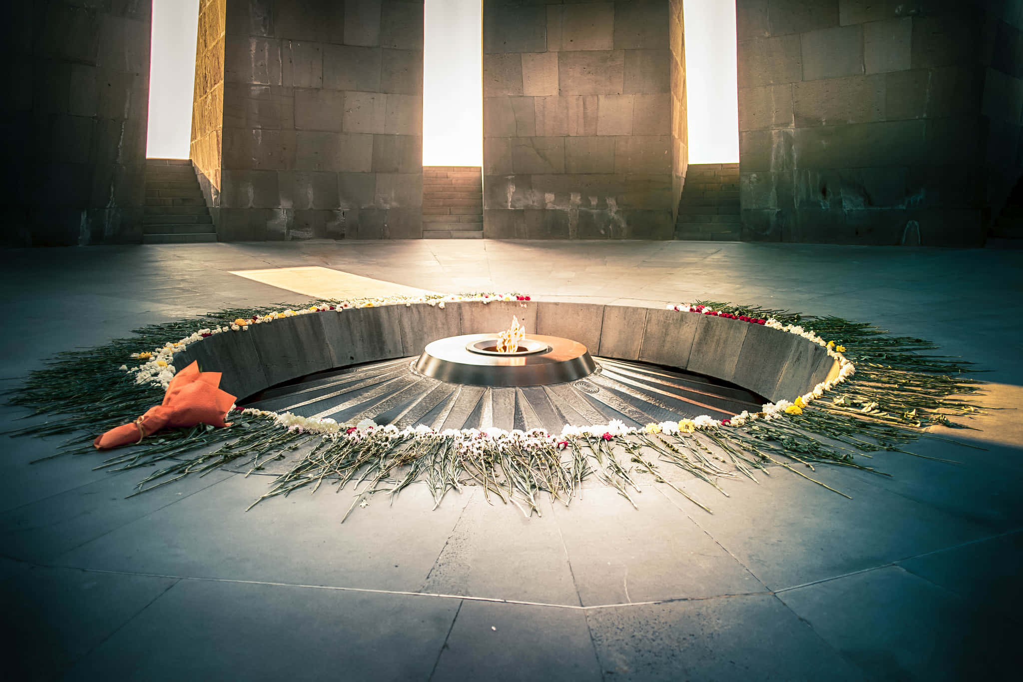 Armenian Genocide Memorial, eternal flame, circular stone monument, Full HD Desktop Wallpaper