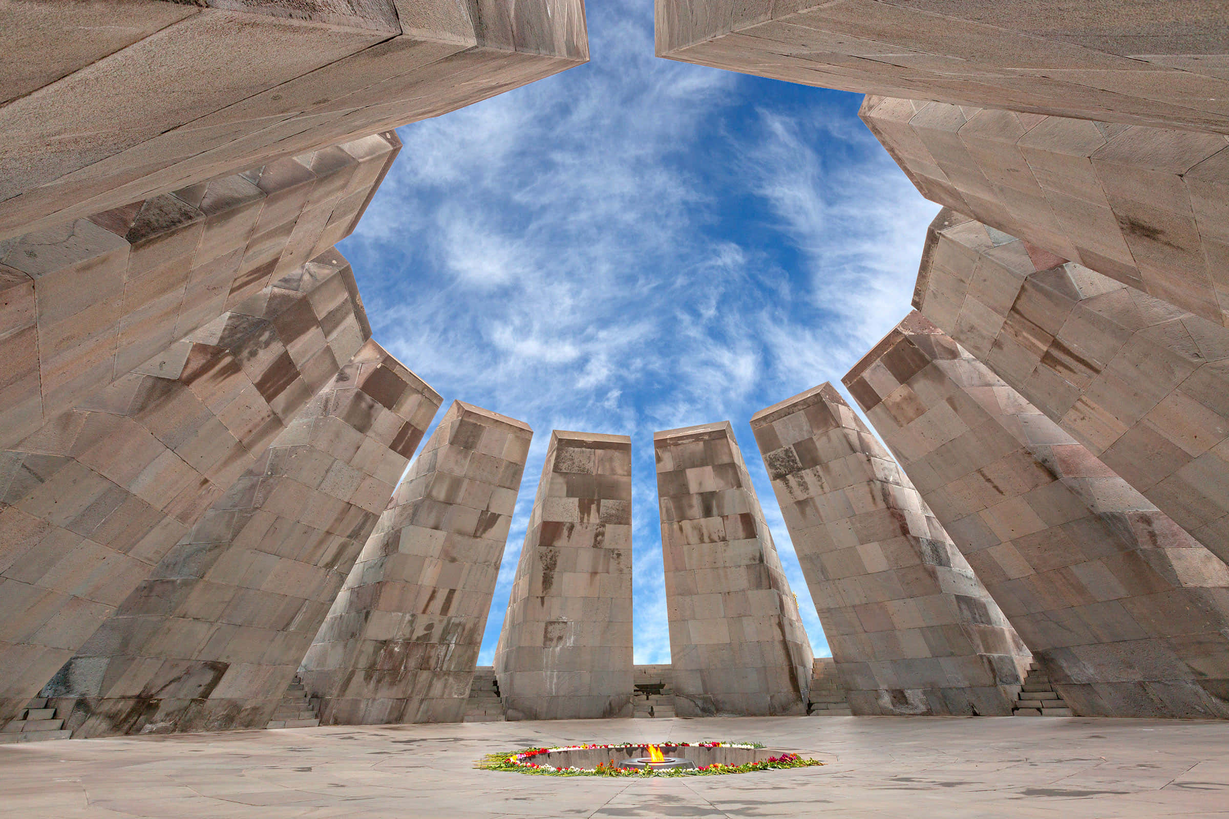 Armenian Genocide Memorial, stone pillars, circular monument, Full HD Desktop Wallpaper