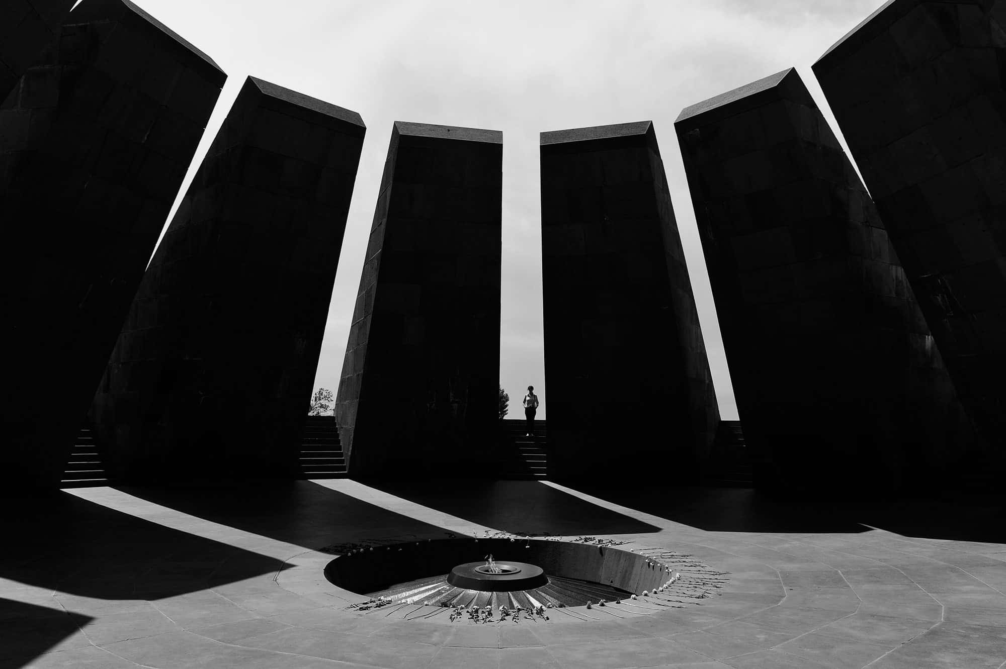 Armenian Genocide Memorial, monolithic pillars, black and white, Full HD Desktop Wallpaper