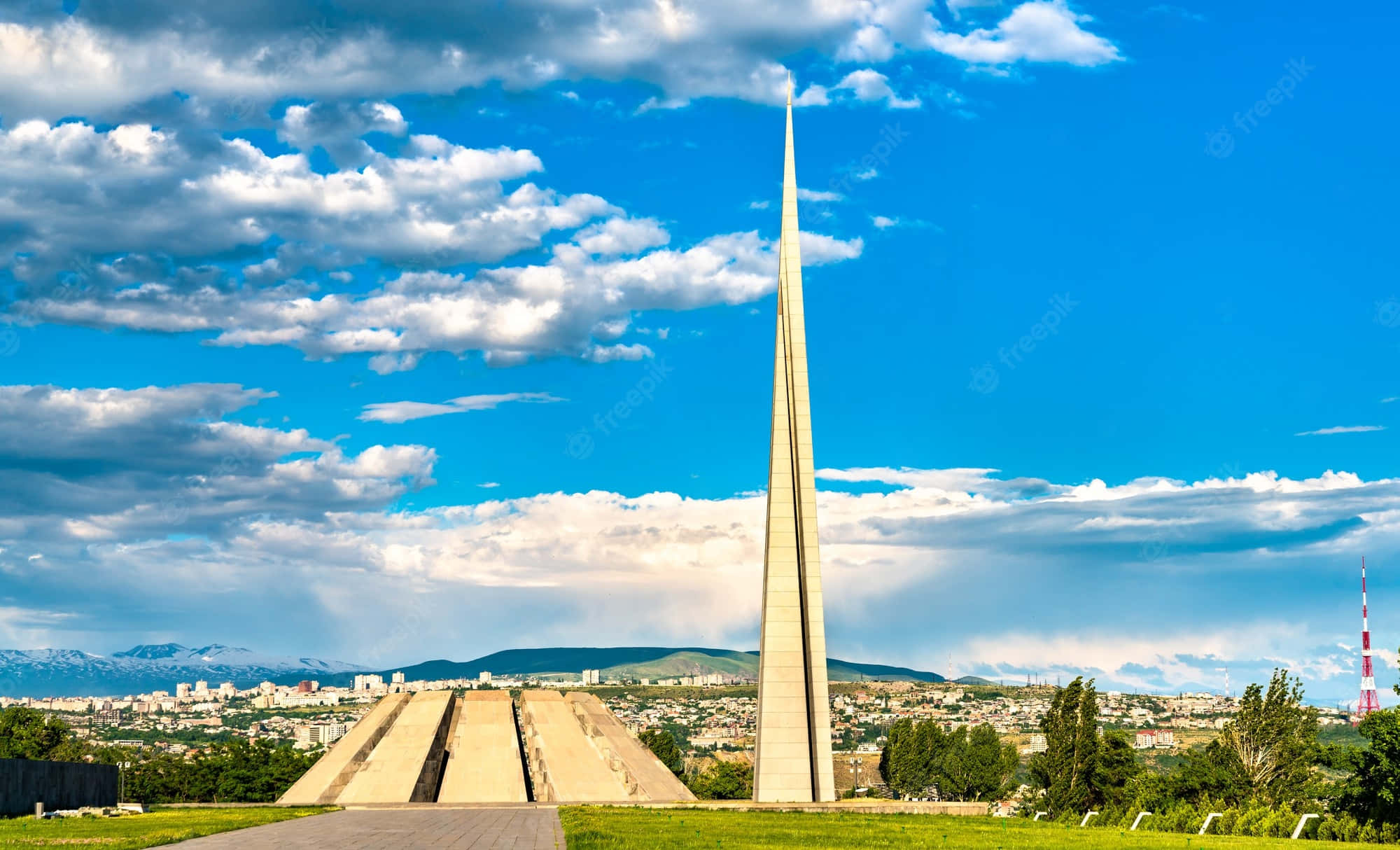 Armenian Genocide Memorial, concrete spire, grassy hill, Full HD Desktop Wallpaper