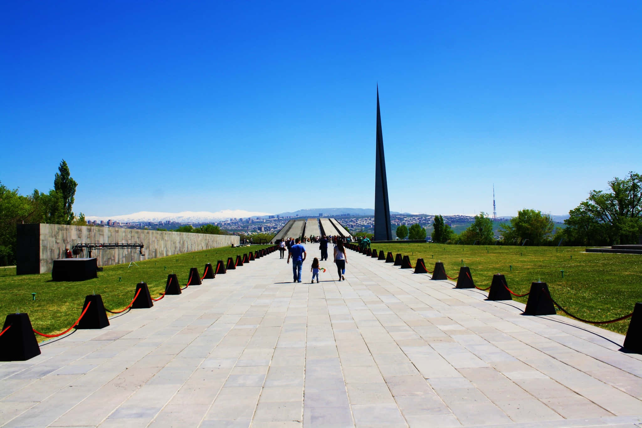 Armenian Genocide Memorial, wide stone pathway, tall black spire, Full HD Desktop Wallpaper