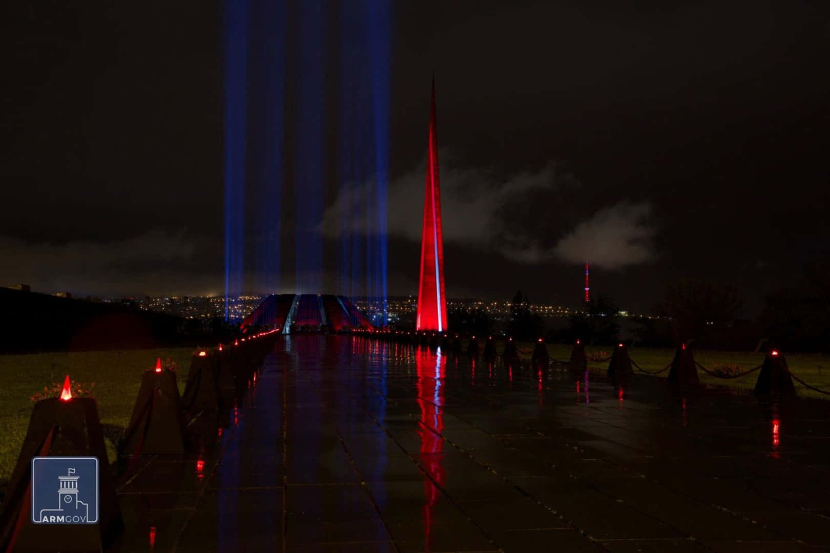 Armenian Genocide Memorial, red and blue laser beams, reflective wet plaza, HD Desktop Wallpaper