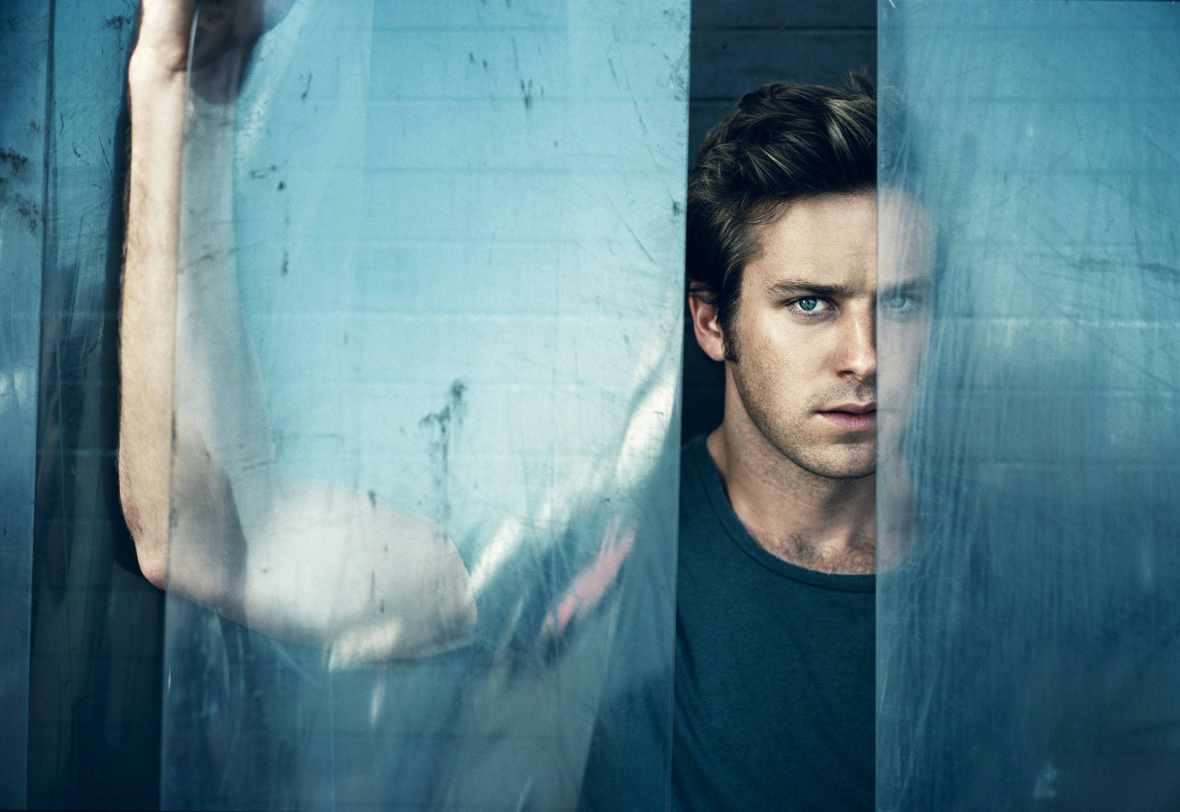Armie Hammer, translucent blue plastic panels, intense blue eyes, Full HD Desktop Wallpaper