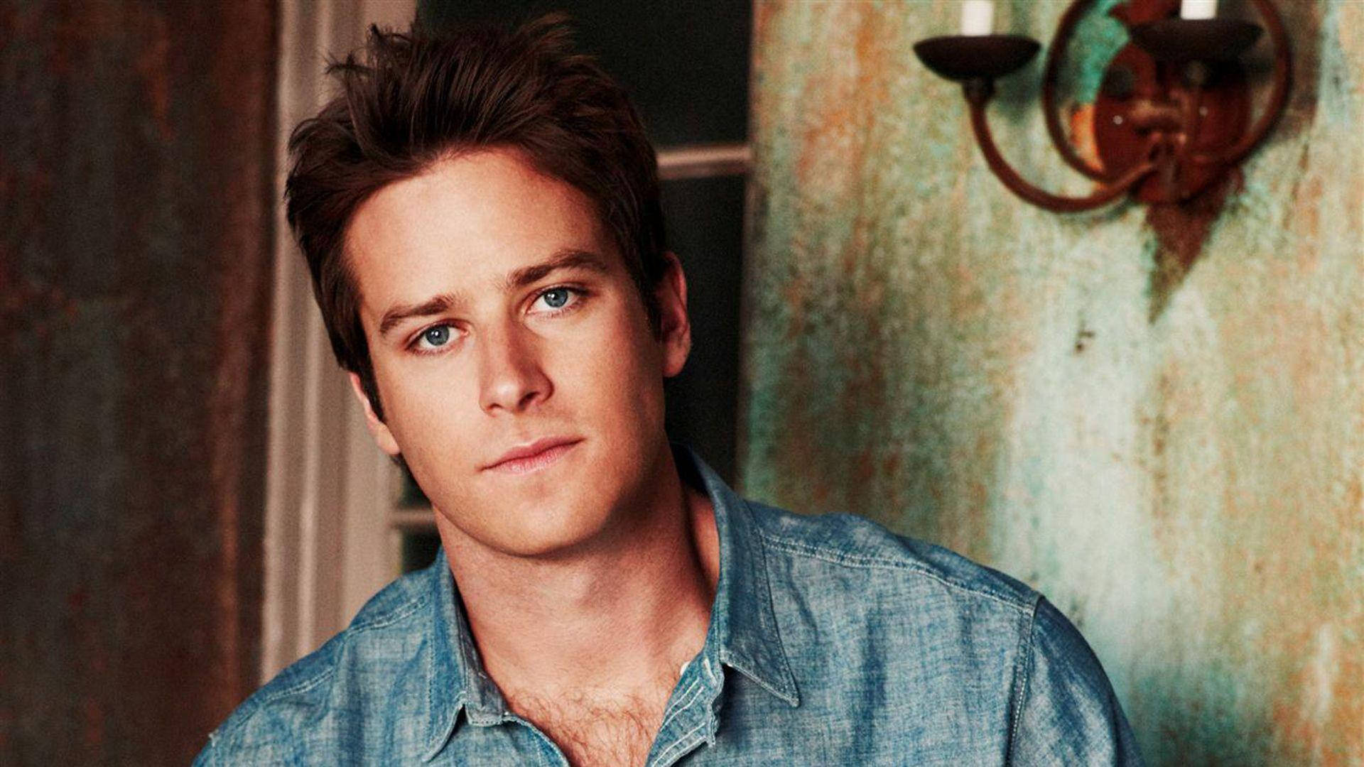 Armie Hammer, denim shirt, rustic textured wall, Full HD Desktop Wallpaper