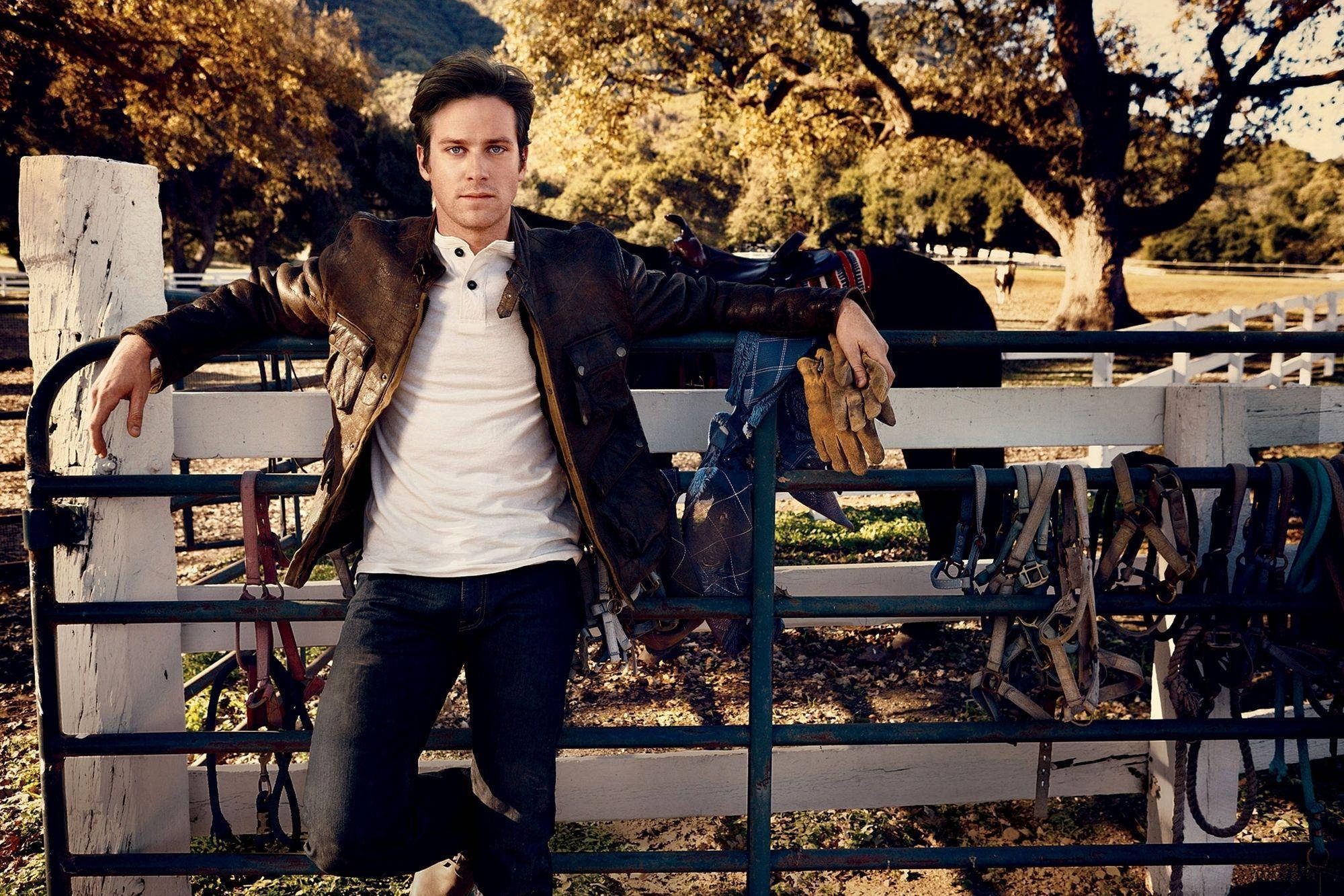 Armie Hammer, leather jacket, ranch fence, Full HD Desktop Wallpaper