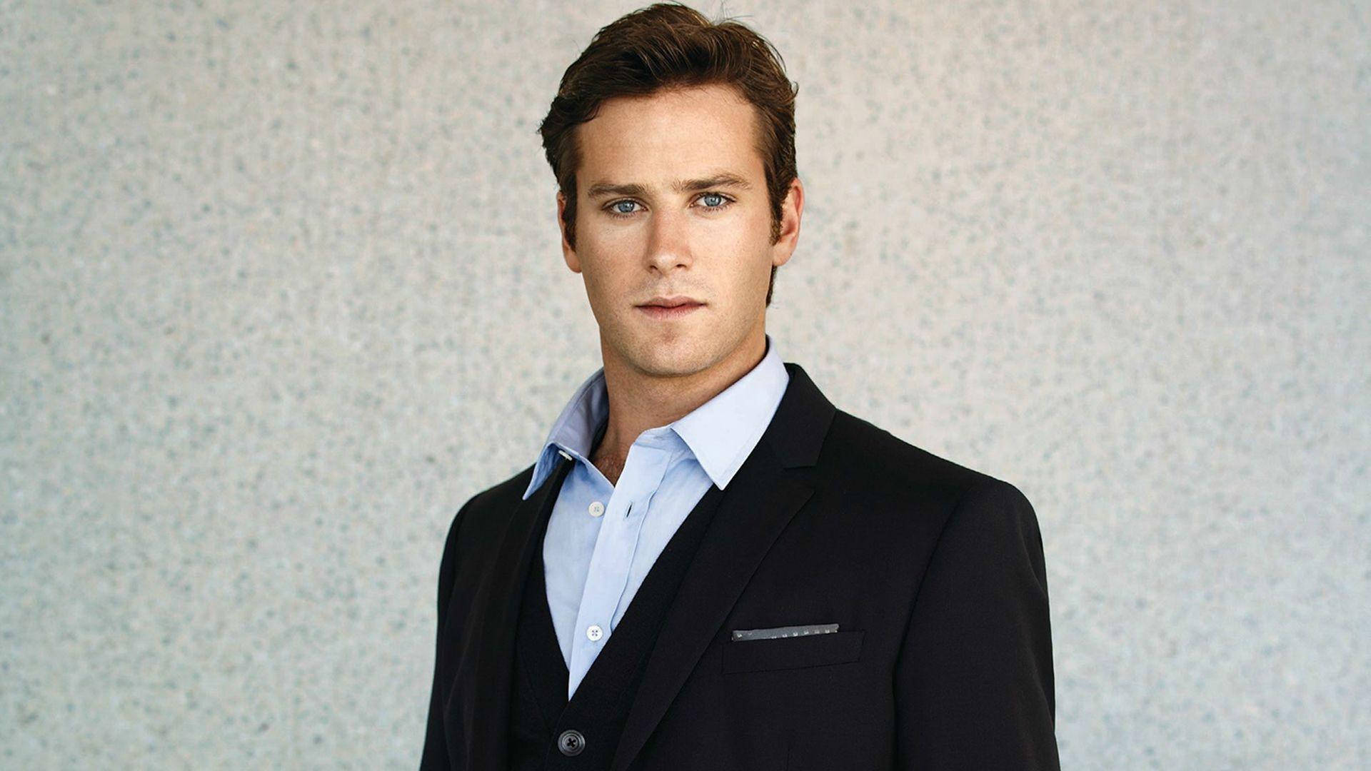 Armie Hammer, dark suit, light blue shirt, Full HD Desktop Wallpaper