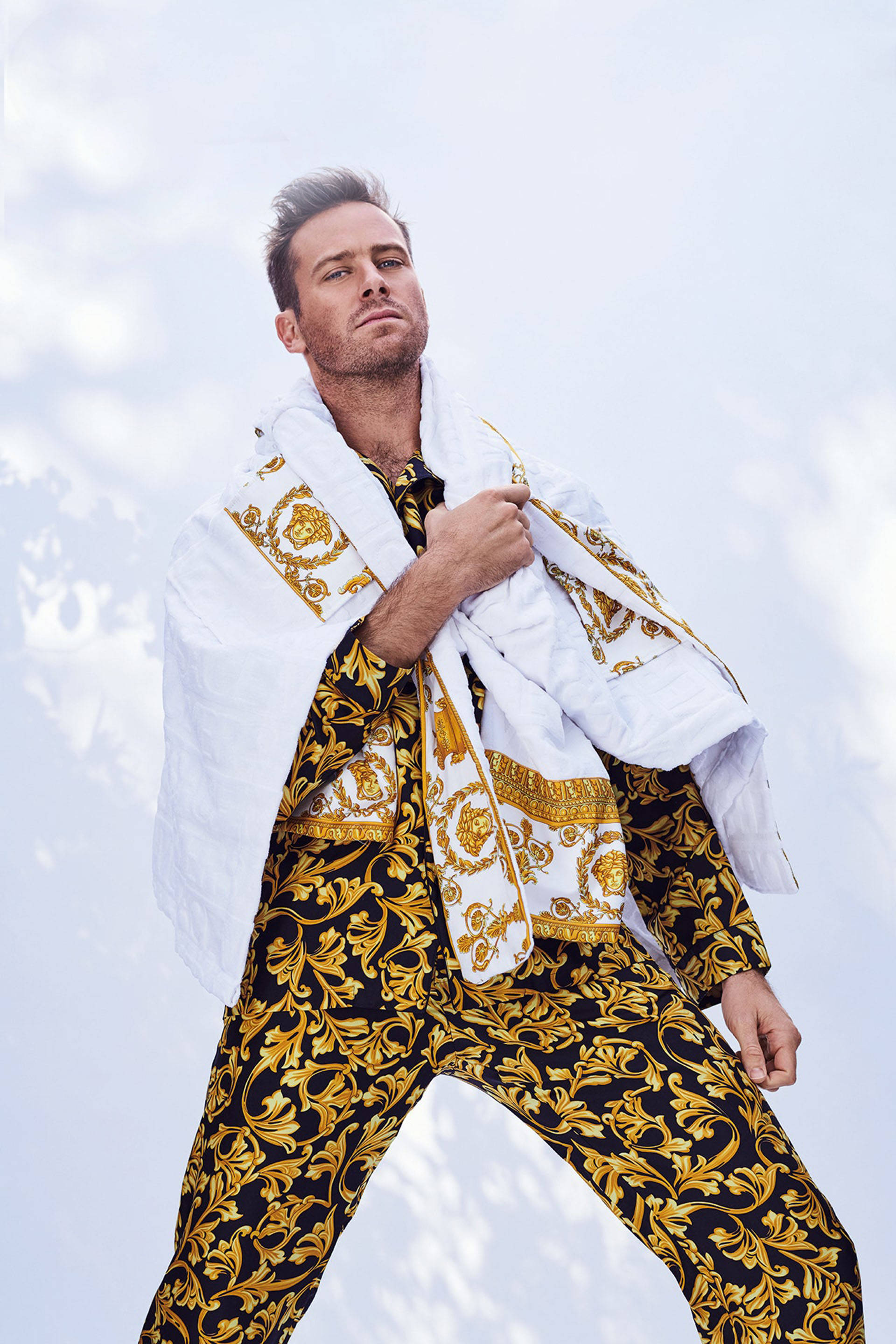 Armie Hammer, black and gold patterned outfit, white robe, 2K Phone Wallpaper