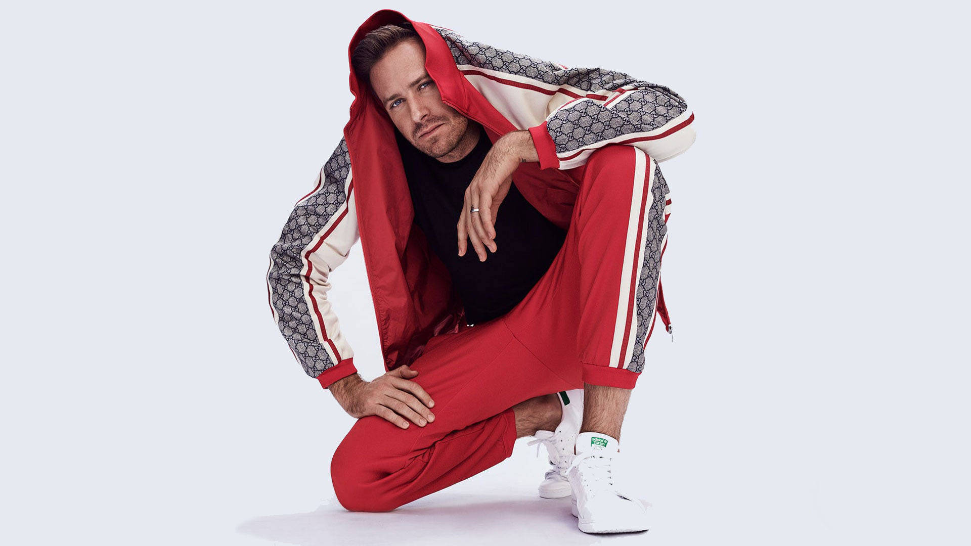 Armie Hammer, red and white patterned tracksuit, light gray background, Full HD Desktop Wallpaper