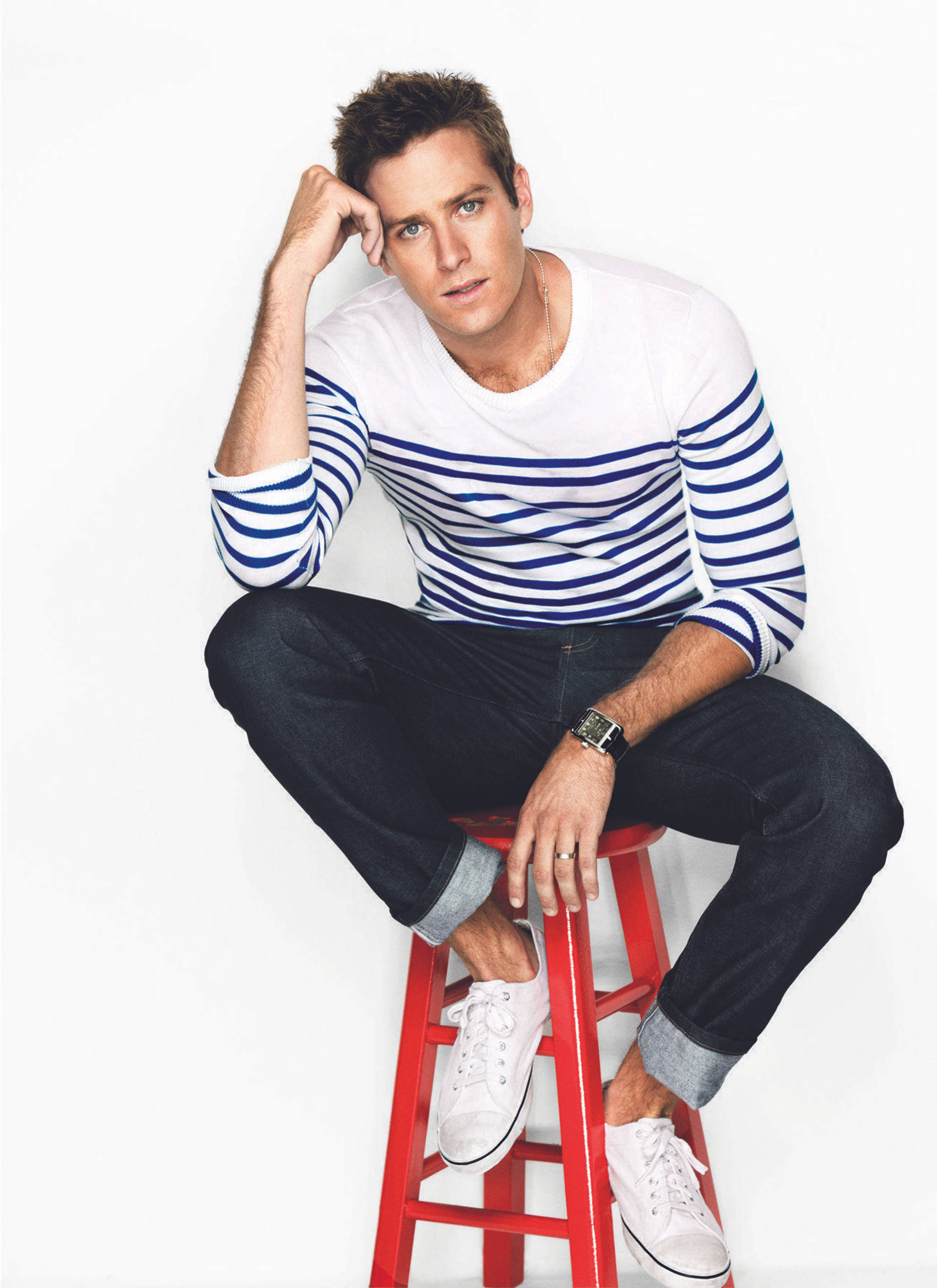 Armie Hammer, red chair, blue and white striped shirt, 2K Phone Wallpaper