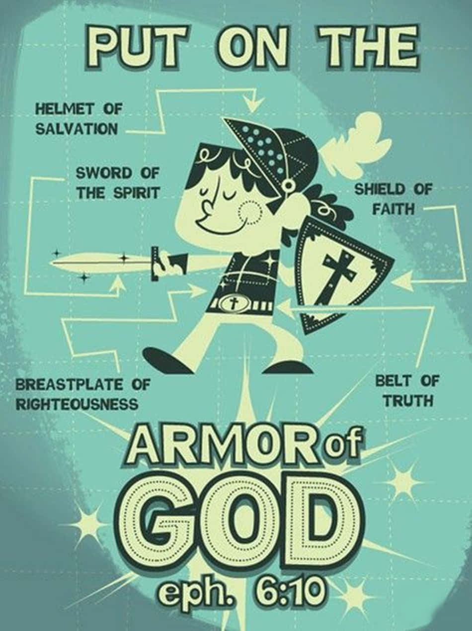 Armor Of God, teal grid background, cartoon figure, SD Phone Wallpaper