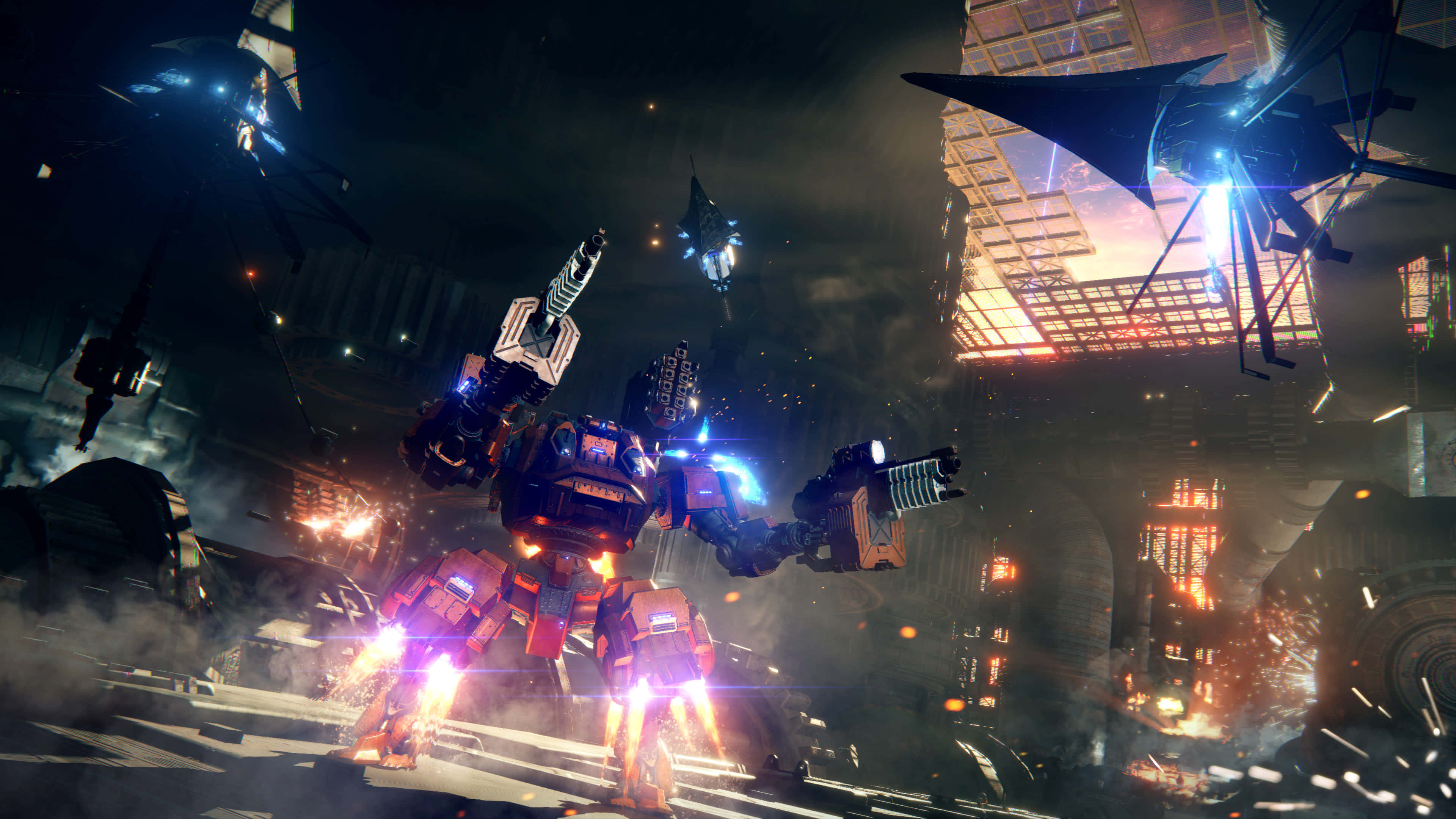 Armored Core 6, red and blue mech, futuristic cityscape, 4K Desktop Wallpaper