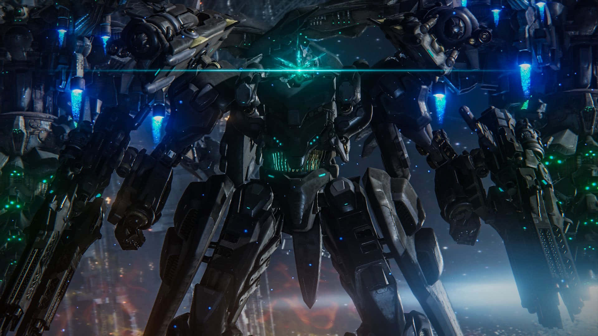 Armored Core 6, dark mech, glowing green eyes, Full HD Desktop Wallpaper