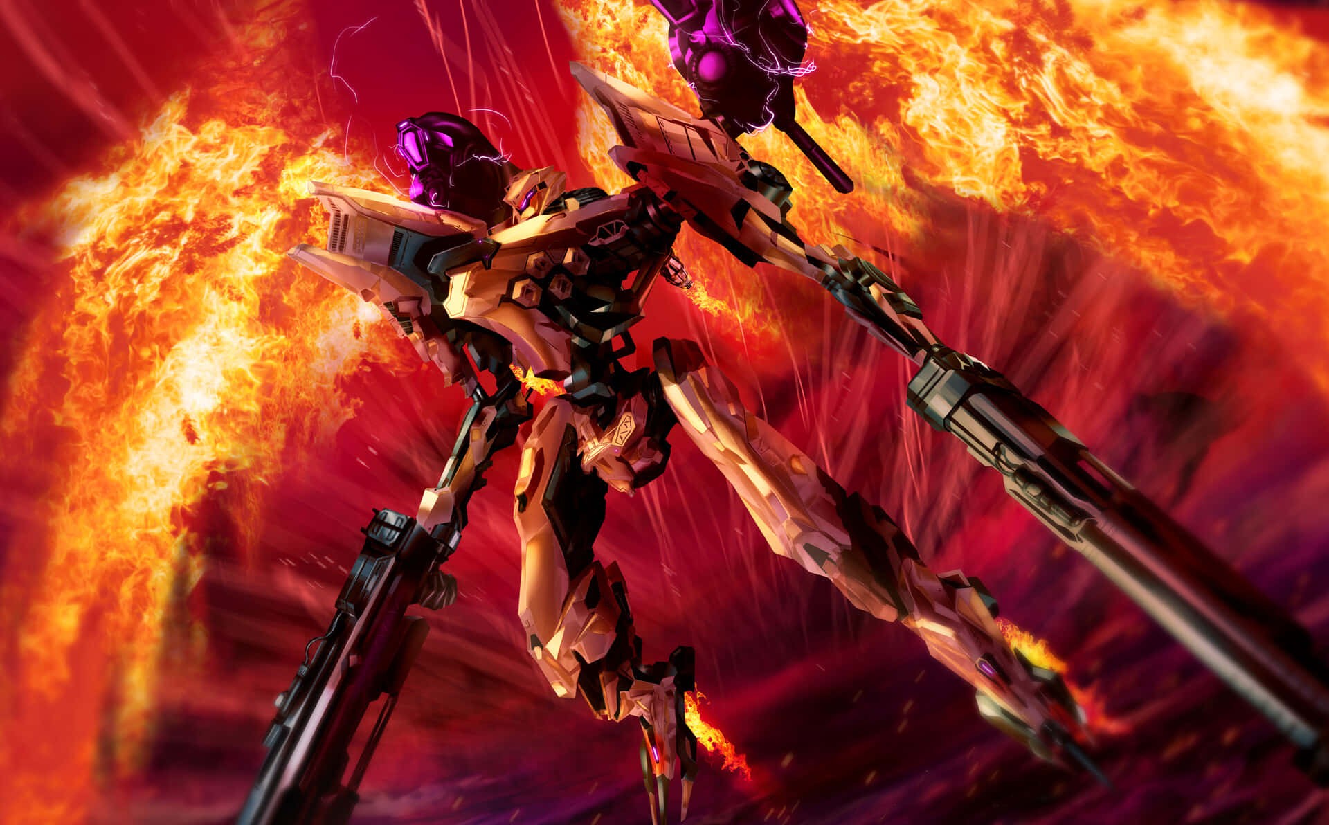 Armored Core 6, golden and black mech, fiery explosion, Full HD Desktop Wallpaper