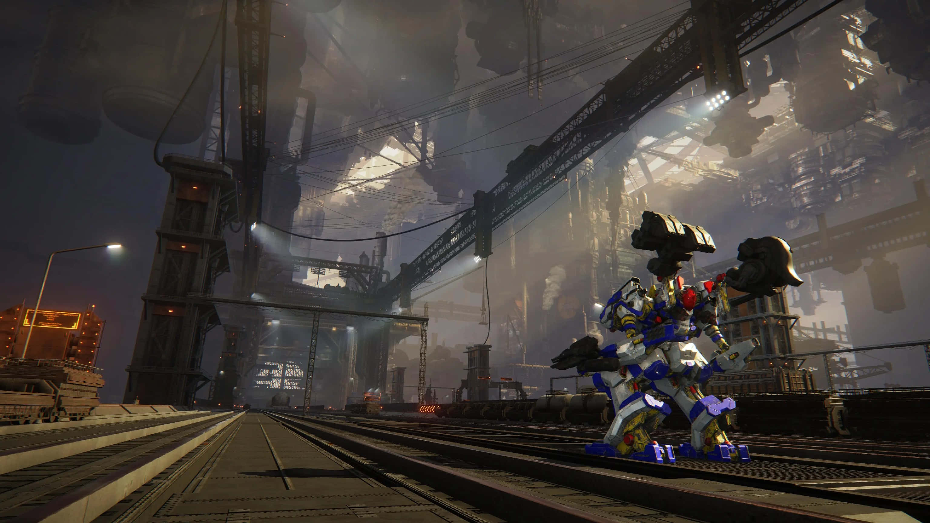 Armored Core, blue and white mech, train tracks, 2K Desktop Wallpaper