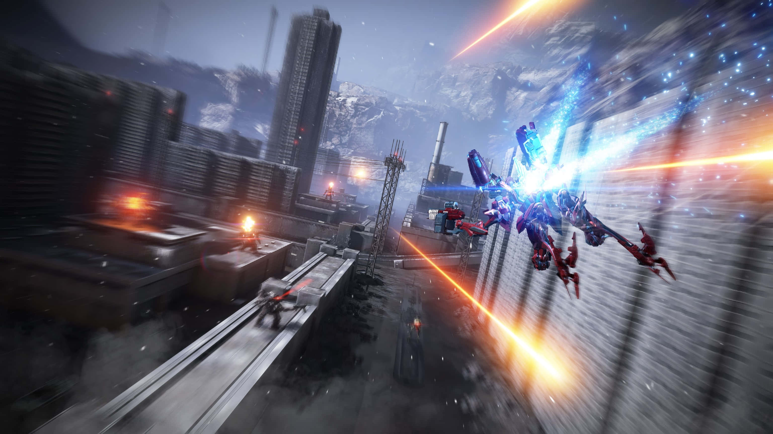 Armored Core, red and blue mech, snowy urban canyon, 2K Desktop Wallpaper