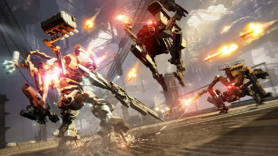 Armored Core, mech, firey urban battlefield, SD Desktop Wallpaper