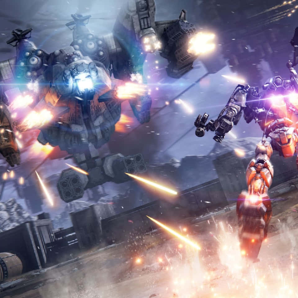 Armored Core, mech battle, fiery urban canyon, SD Desktop Wallpaper