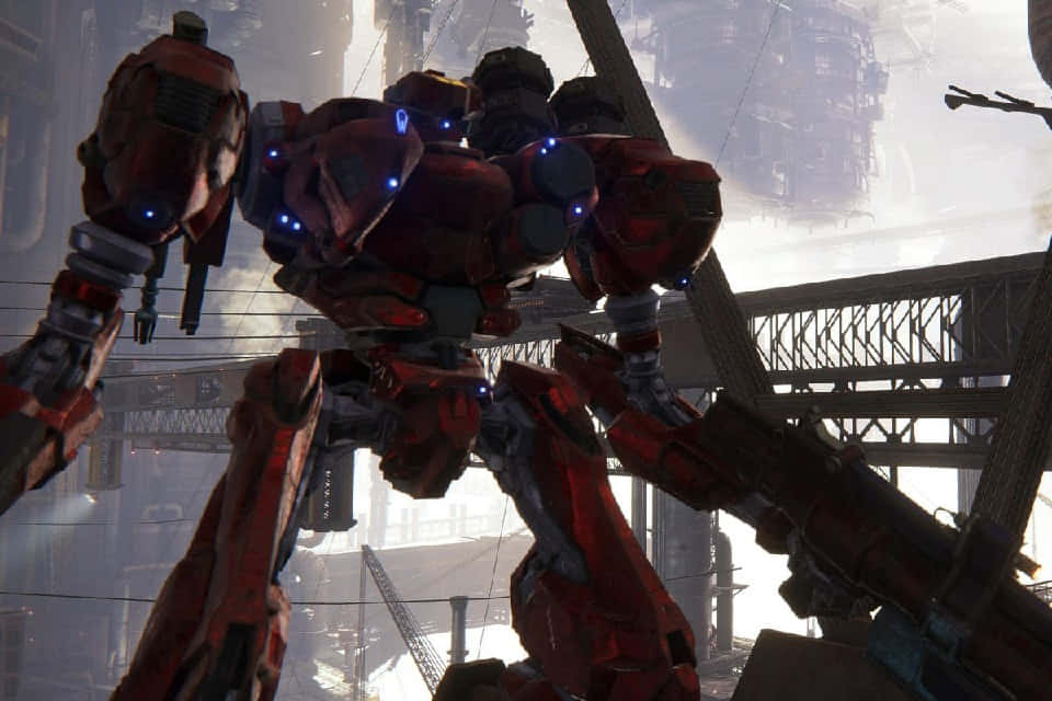 Armored Core, red mech, glowing blue eyes, SD Desktop Wallpaper