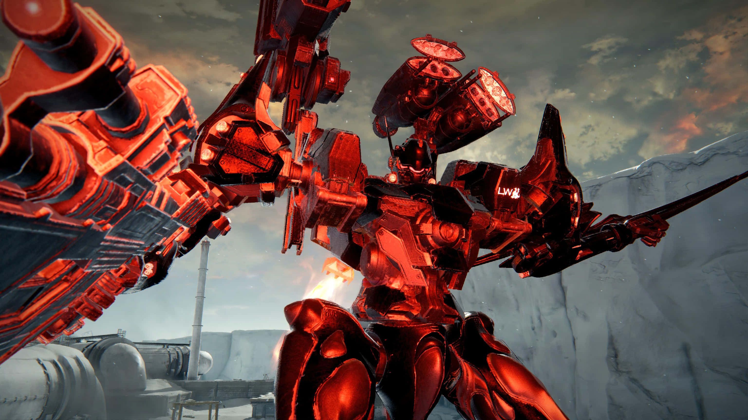 Armored Core, red mech, glowing weapons, 2K Desktop Wallpaper