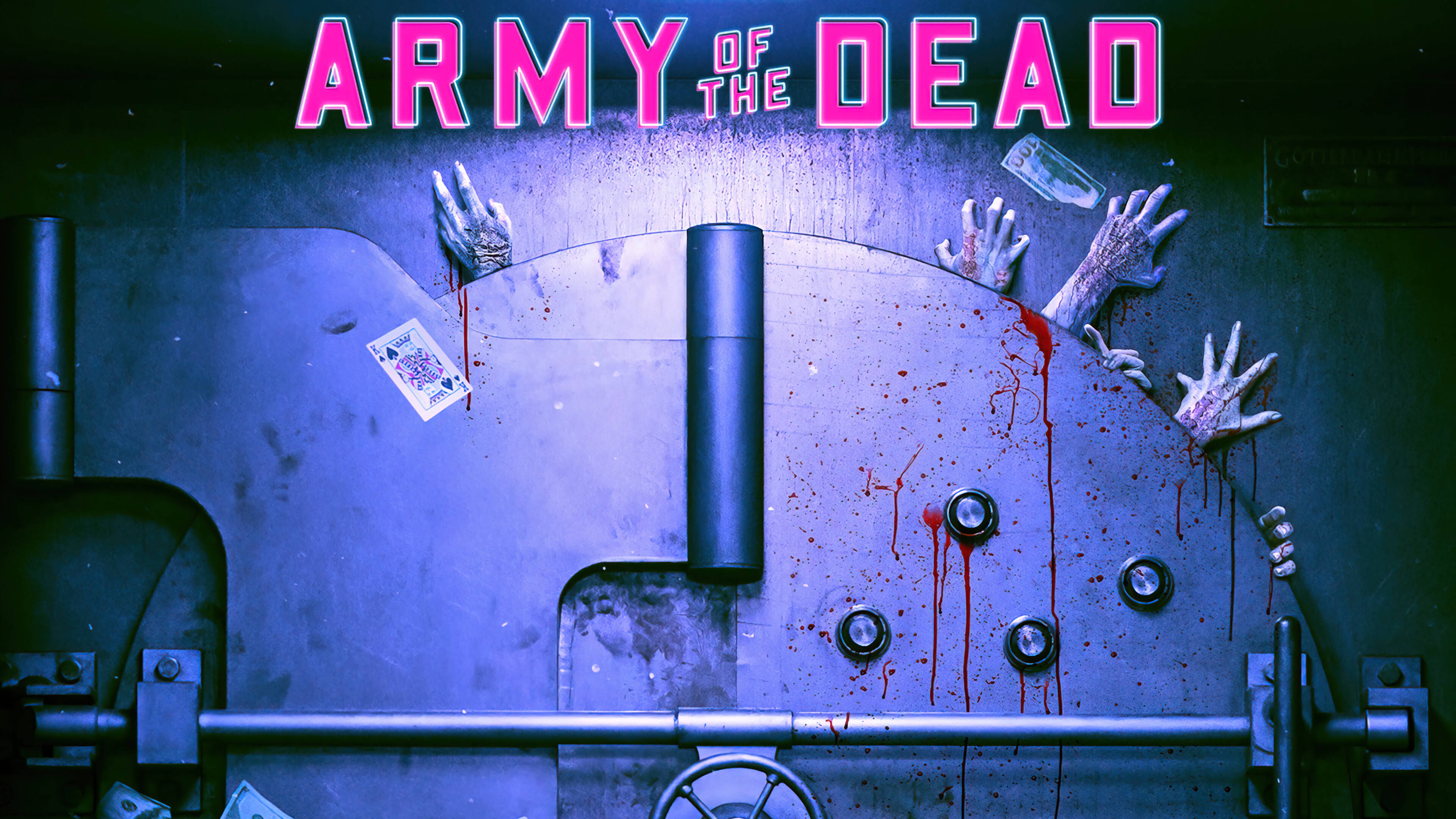 Army of the Dead, neon pink, bloodstained metal vault door, 4K Desktop Wallpaper