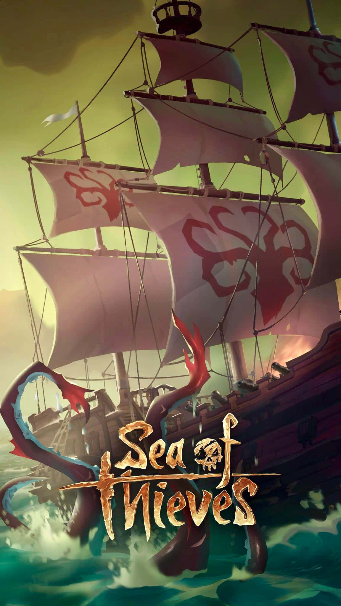 Sea of Thieves, pirate ship, red skull sails, Full HD Phone Wallpaper