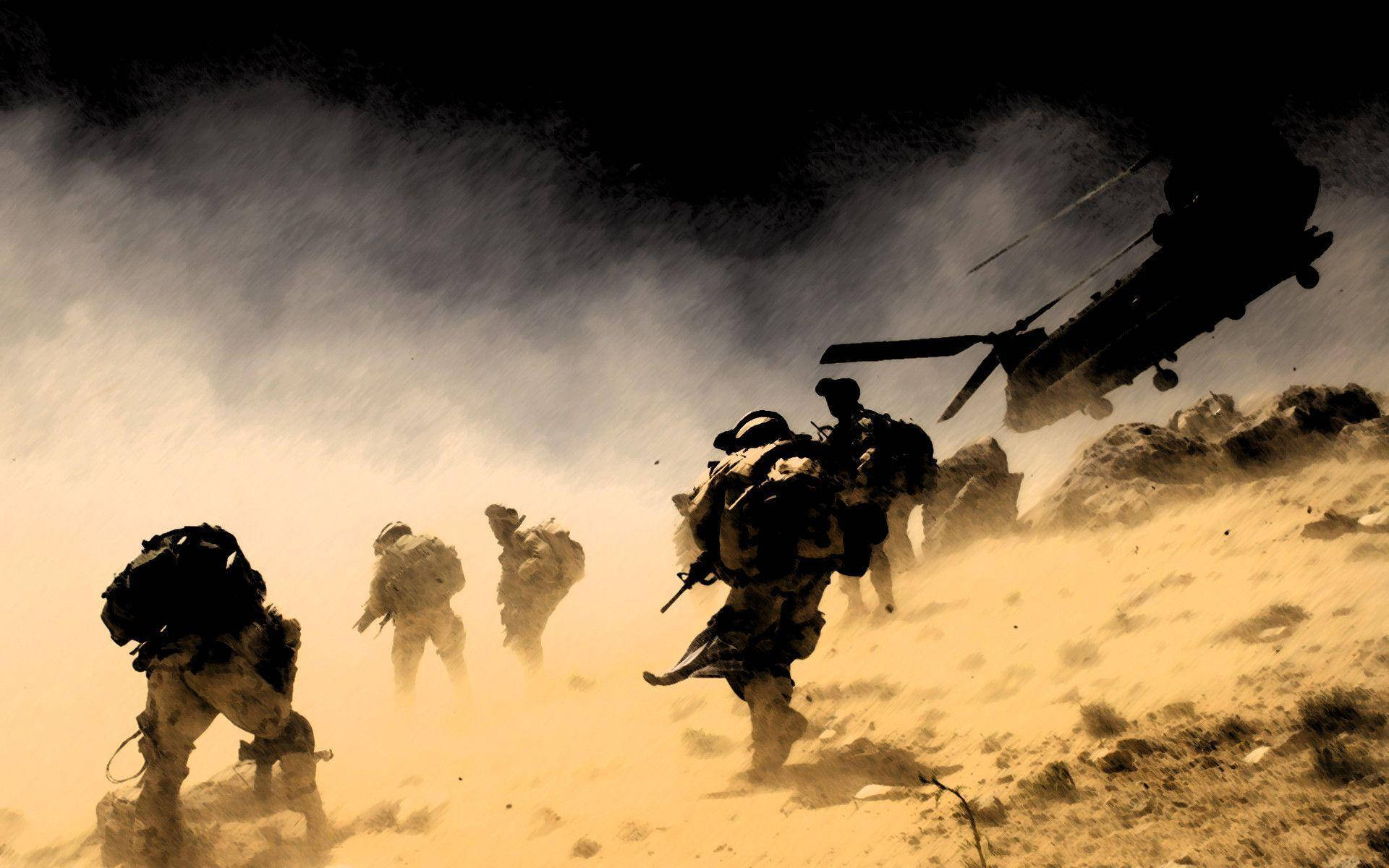 battling military squad, silhouette, dusty battlefield, Full HD Desktop Wallpaper