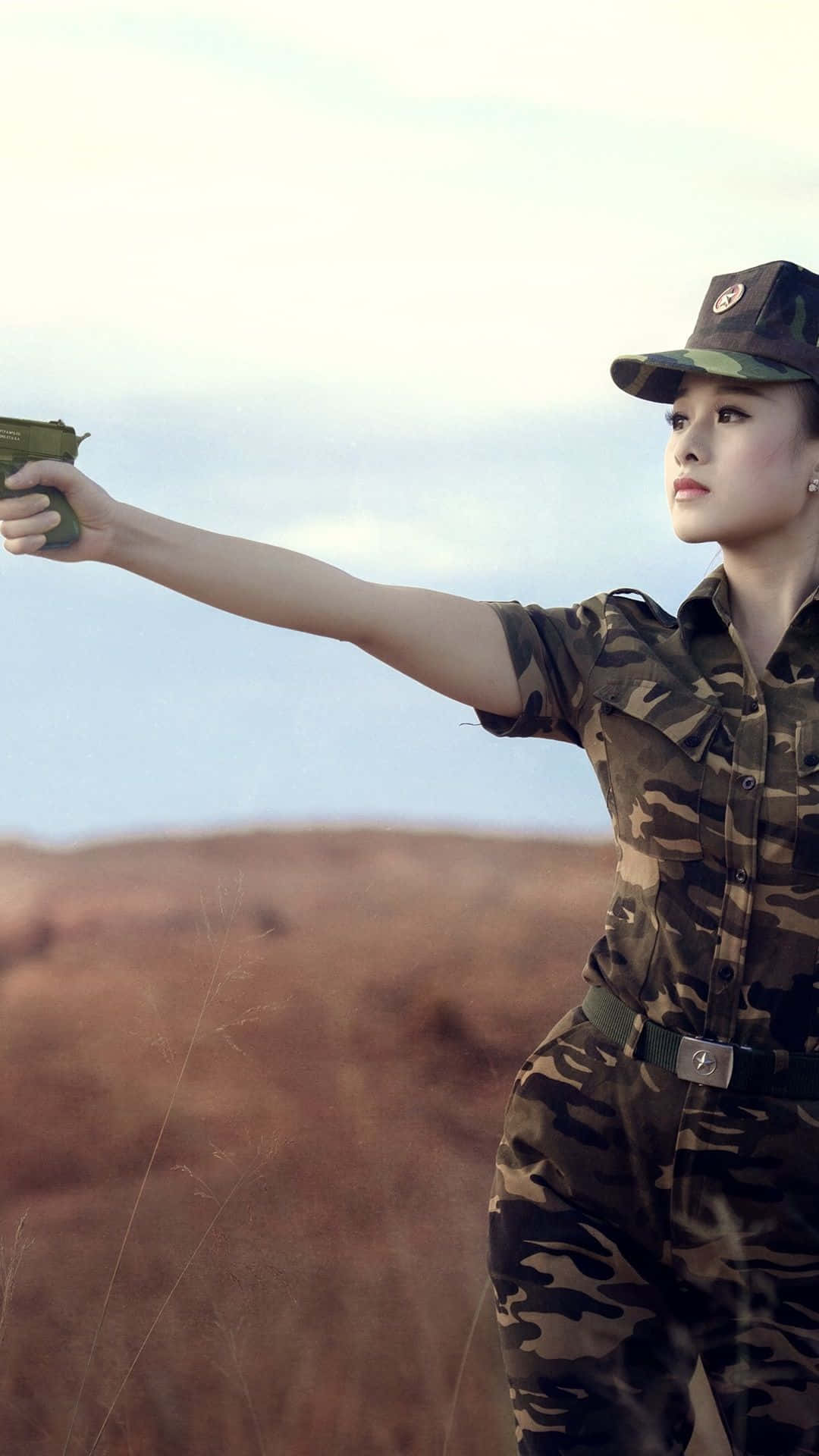 woman soldier, camouflage uniform, pistol, Full HD Phone Wallpaper